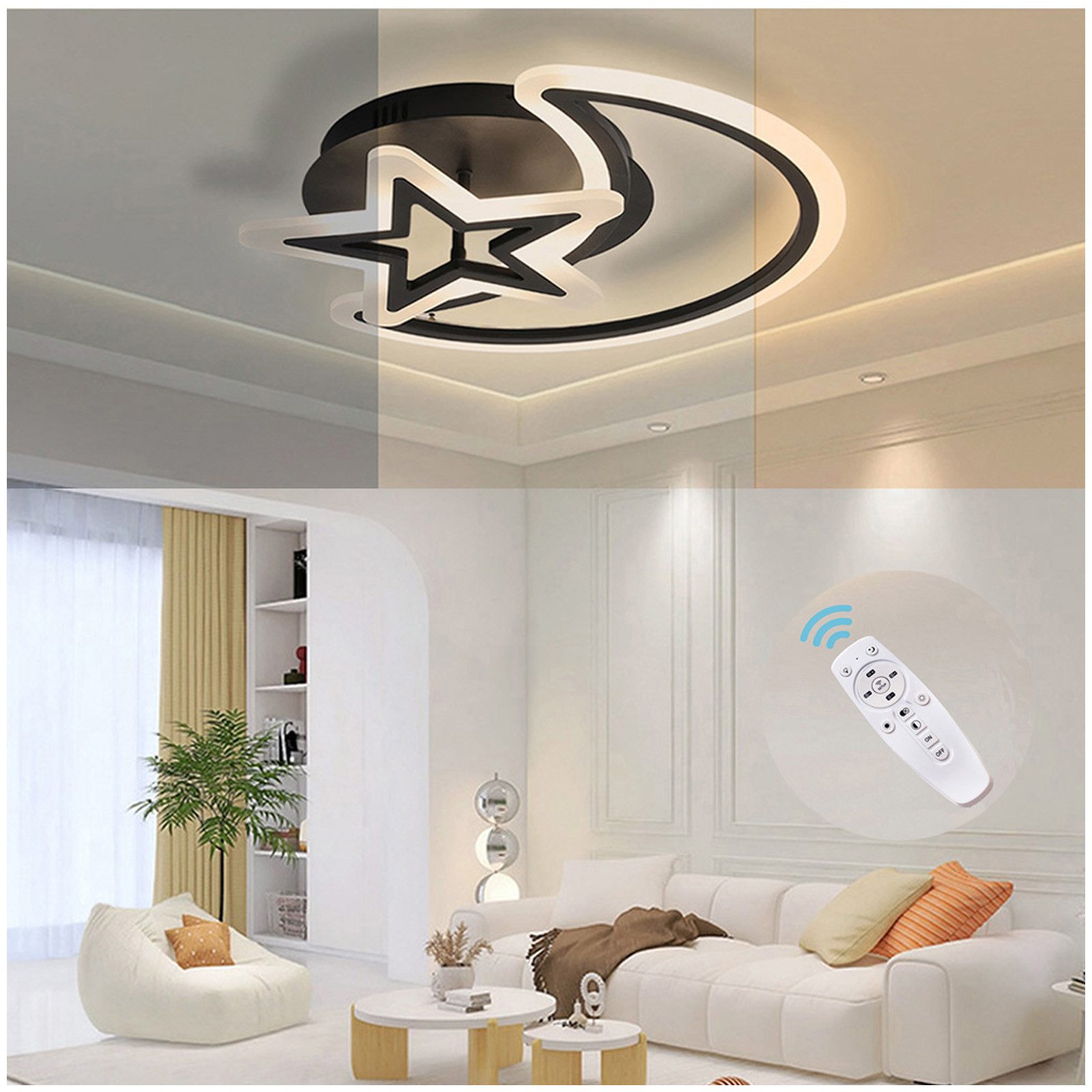 MUPOO LED Deckenleuchte LED Panel Deckenleuchte Schwarz LED Deckenleuchte, 48W, Fernbedienung, Sterne-Mond, LED fest integriert, LED Pendelleuchte,für Schlafzimmer,Wohnzimmer,Esszimmer