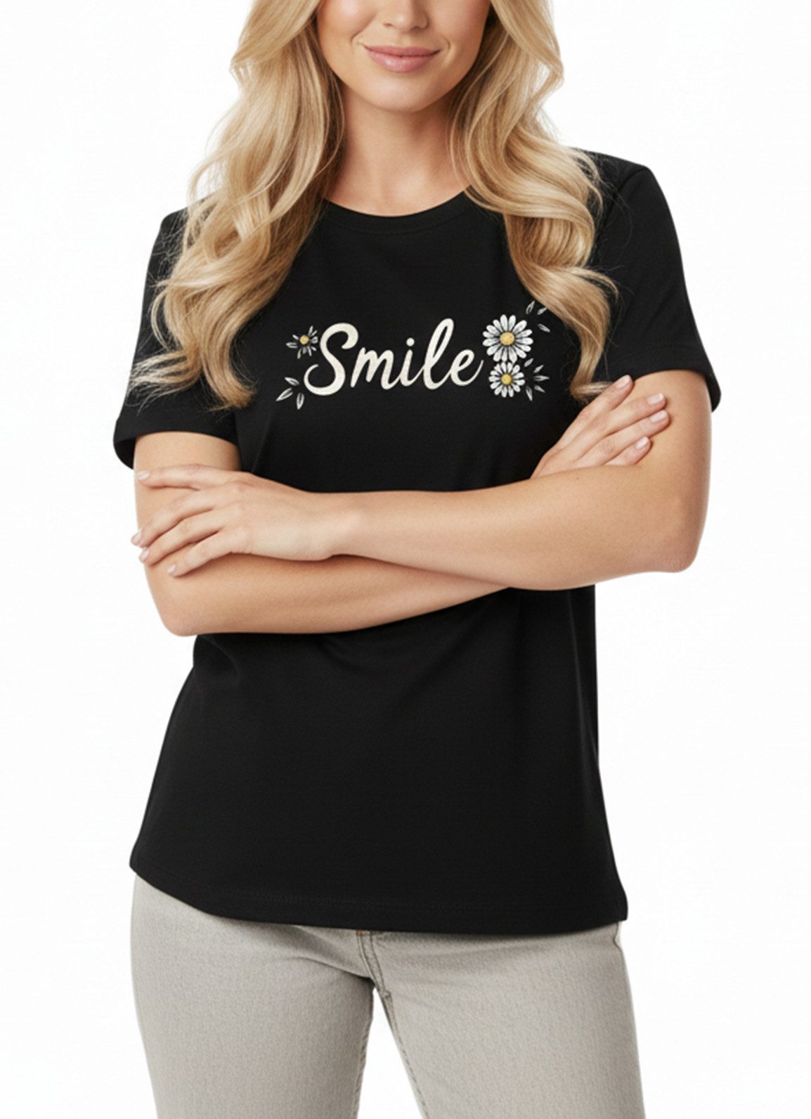 MAKAYA T-Shirt Blumen Damen Top aus Baumwolle – Gänseblümchen Design & Smile Print (Schwarz, S, M, L, XL) Baumwolle