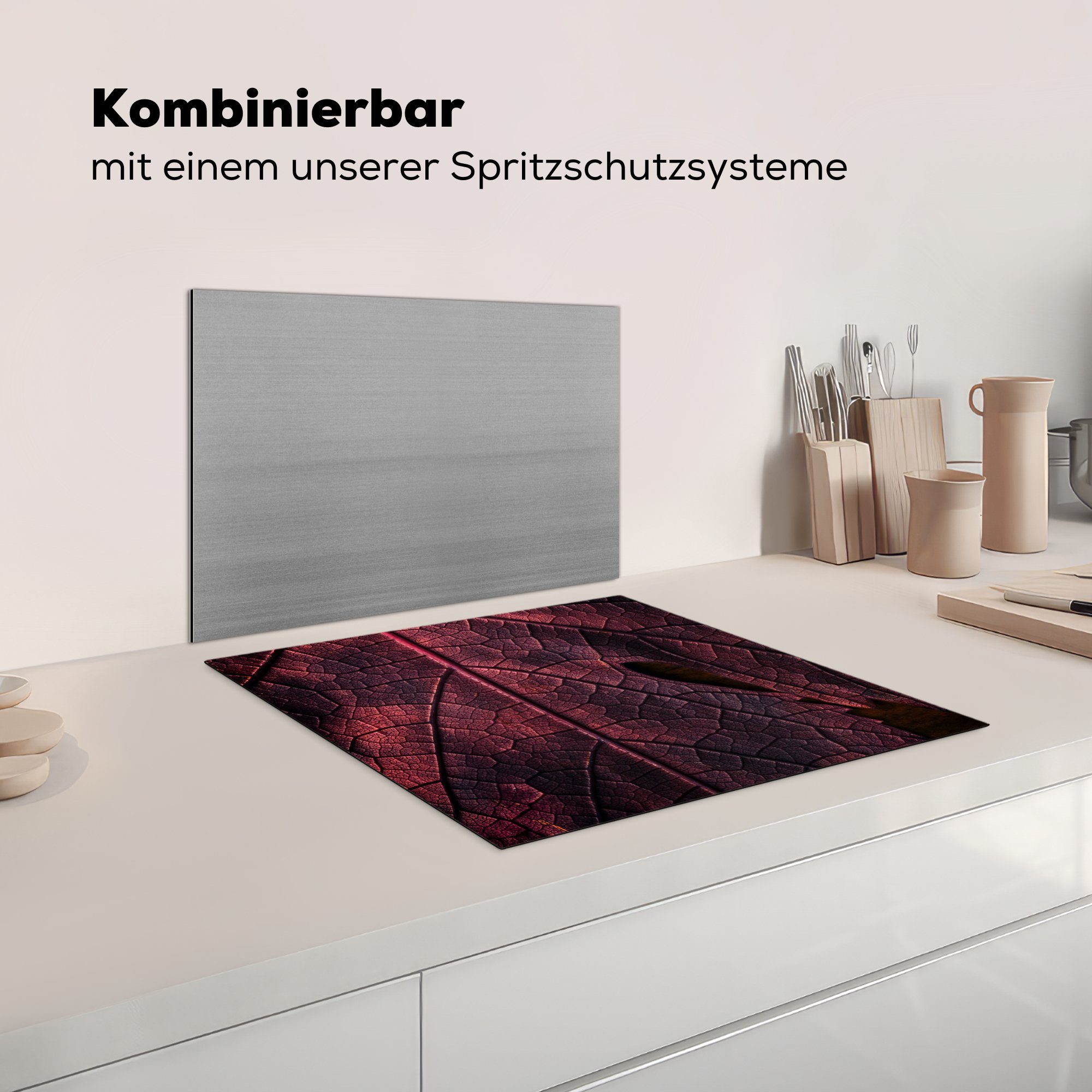 Herdblende-/Abdeckplatte - tlg), Blätter - Mobile cm, Abstrakt (1 Vinyl, Ceranfeldabdeckung Pflanze, nutzbar, - MuchoWow Arbeitsfläche 60x52 Rot