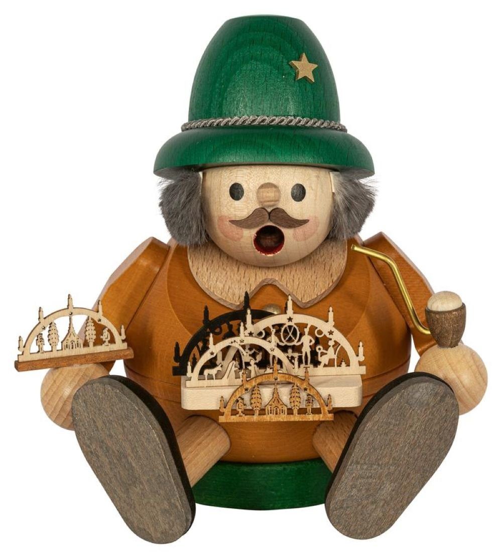Richard Glaesser Räuchermännchen Rauchmann mit Schwibbögen / Schwibbogenverkäufer sitzend, Höhe 13 cm, Handwerkskunst aus dem Erzgebirge