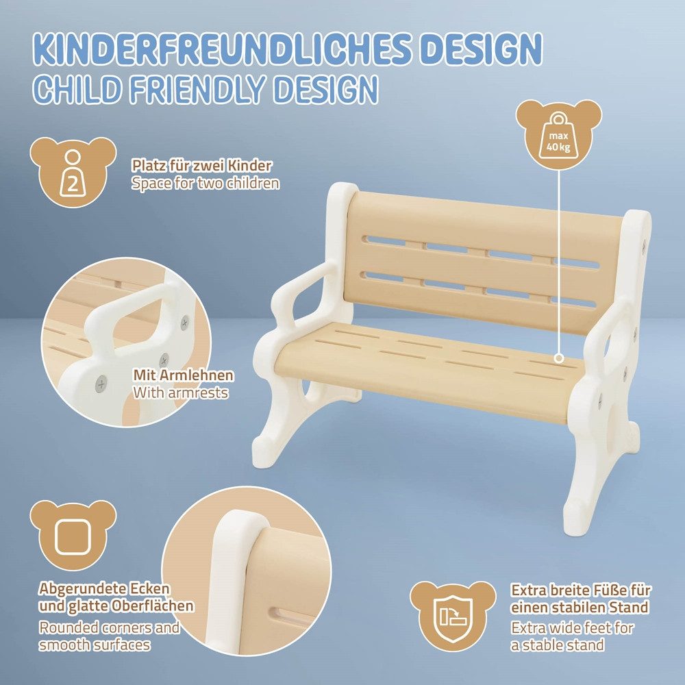 Joyz Kinderstuhl Kindersitzbank Outdoor aus Kunststoff, Sitzbank für Kinder ab 3 Jahre, Kleine Bank Braun-Weiß Kinderbank wetterfest mit Armlehnen Kippschutz