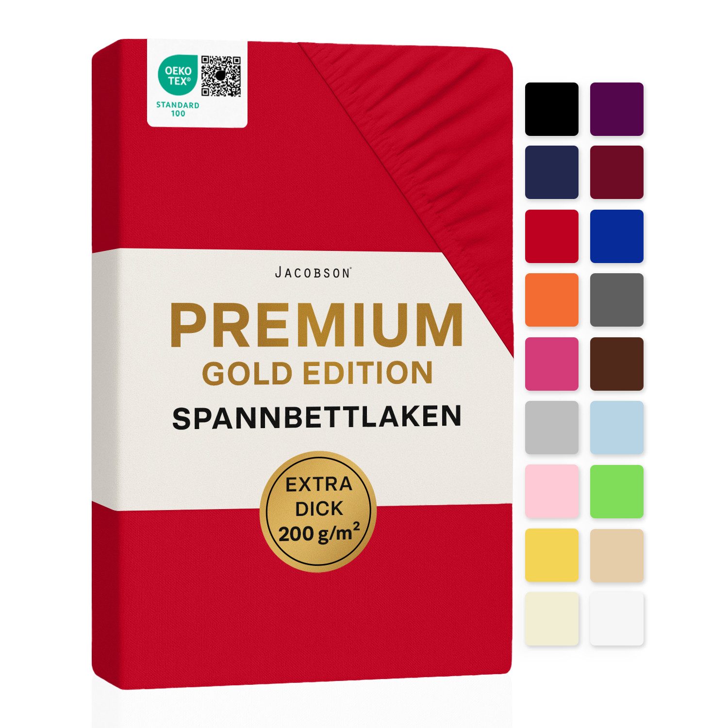 Jacobson Spannbettlaken PREMIUM 200 g/m² Jersey aus 97% Baumwolle & 3% Elasthan, Extra dichtes Bettlaken mit maximalem Halt