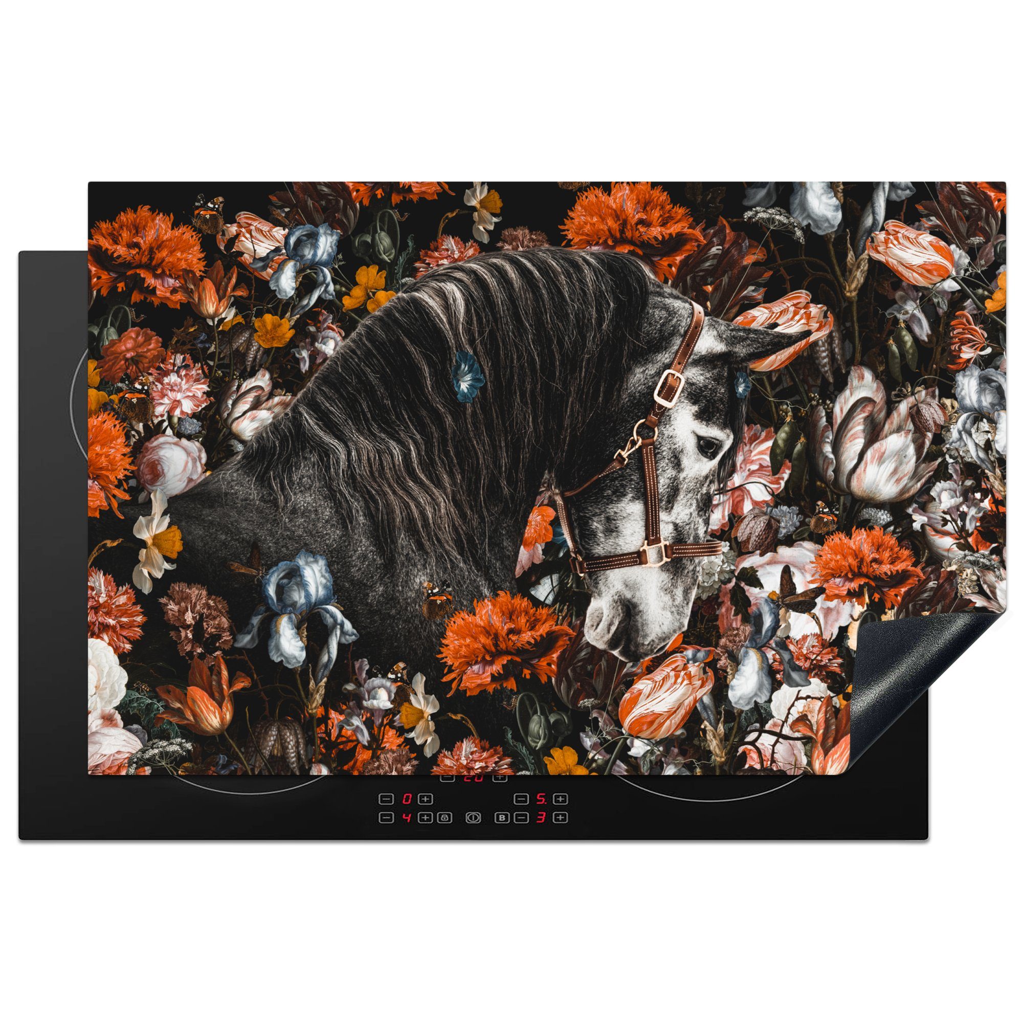 MuchoWow Herdblende-/Abdeckplatte Pferd - Blumen - Halfter, Vinyl, (1 tlg), 81x52 cm, Induktionskochfeld Schutz für die küche, Ceranfeldabdeckung