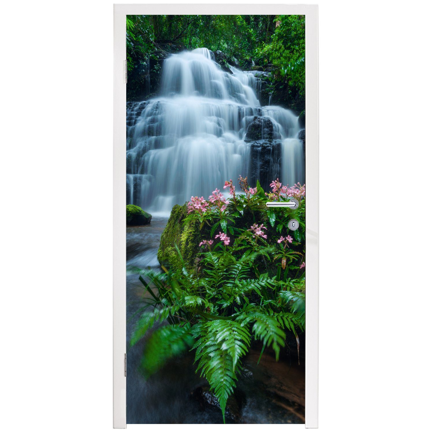 der schöner Ein für cm Wasserfall MuchoWow inmitten Tür, Fototapete (1 Phu 75x205 Hin, dichten Türaufkleber, Vegetation Matt, Türtapete St), des bedruckt,