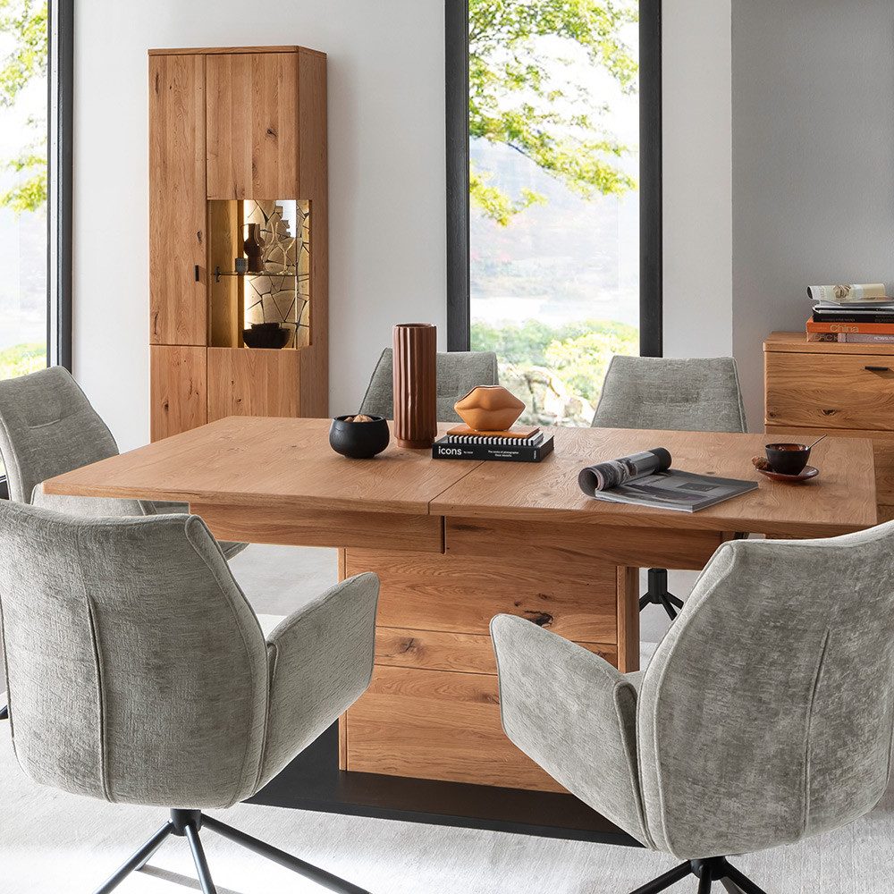 Lomadox Esszimmer-Set VELJE-05, (Spar-Set, 2-St., Esstisch Vitrine), Ausziehtisch 180/230cm, Eiche teilmassiv mit LED-Beleuchtung
