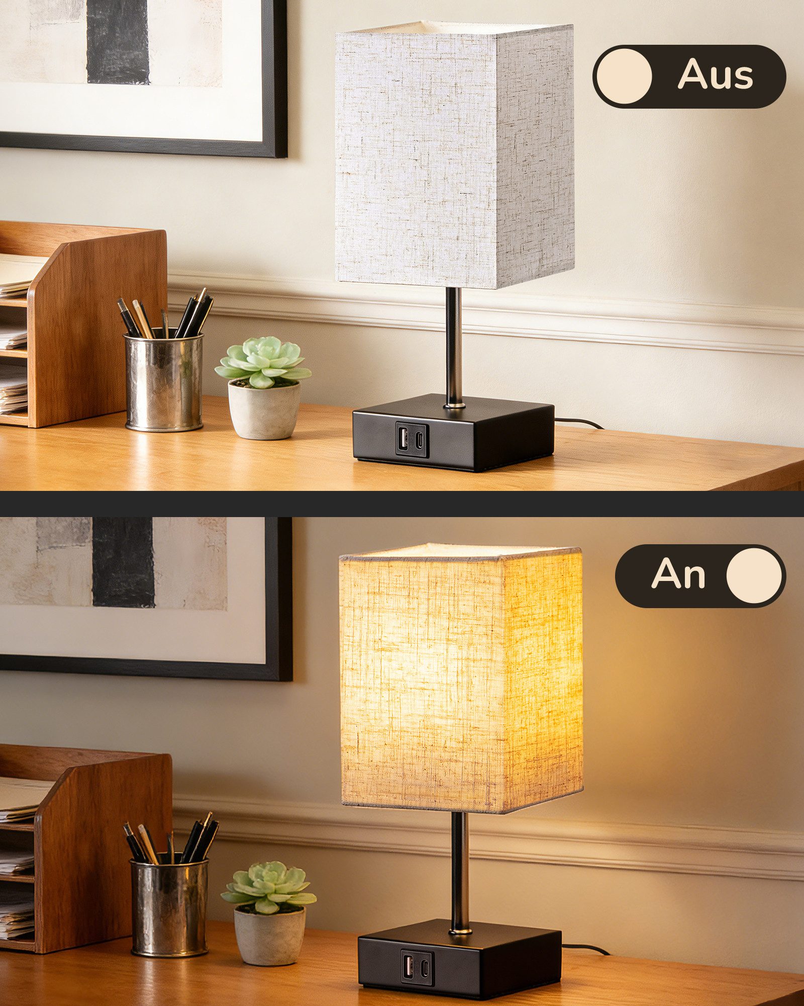 EDISHINE LED Nachttischlampe 2er-Set Schreibtischlampe Touch Dimmbar, Tischleuchten mit USB, LED wechselbar, warmweiß, kleine Tischlampe mit Ladefunktion für Fensterbank, Geschenk