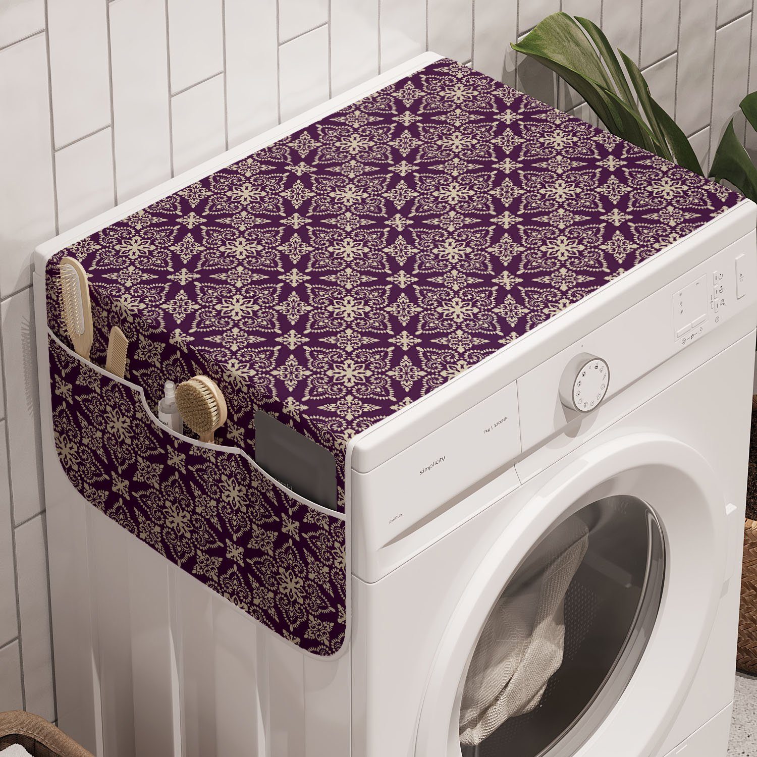 Abakuhaus Badorganizer Anti-Rutsch-Stoffabdeckung für Waschmaschine und Trockner, Damast Oriental Floral Curly Motiv