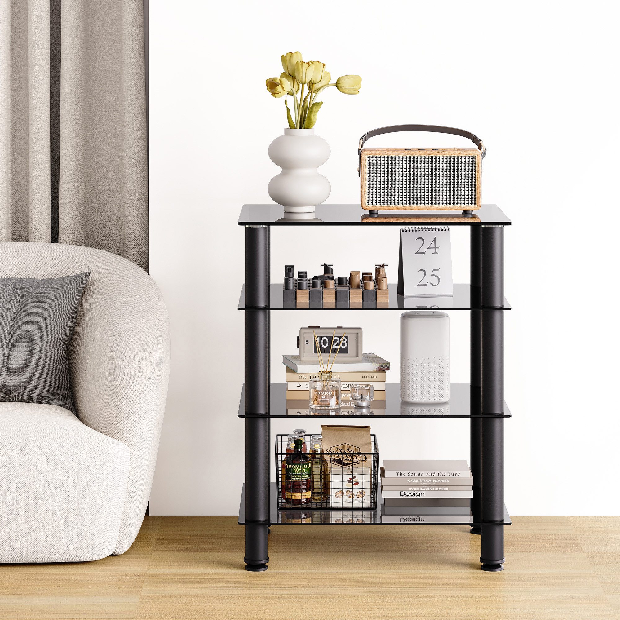 FITUEYES TV-Ständer 4-stöckiges HIFI-Regal mit höhenverstellbaren Ablagen, (HIFI-Möbel mit verstellbaren Füßen, aus Aluminium, Sicherheitsglas)