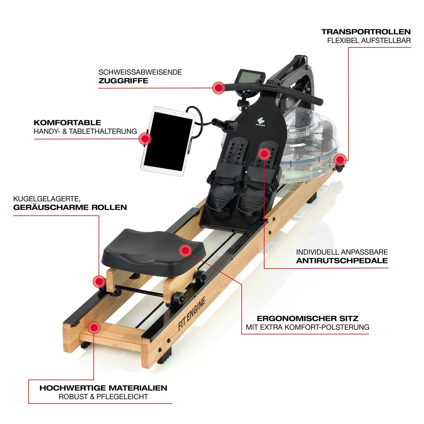 Widerstand Rudergerät FitEngine regulierbarer 210cm LCD-Display, Wasserwiderstand Echtholz