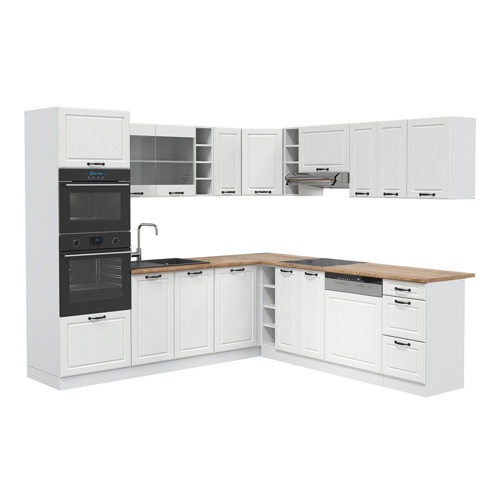 Vicco Winkelküche R-Line, Weiß Landhaus/Weiß, 247 x 237 cm ohne Arbeitsplatte