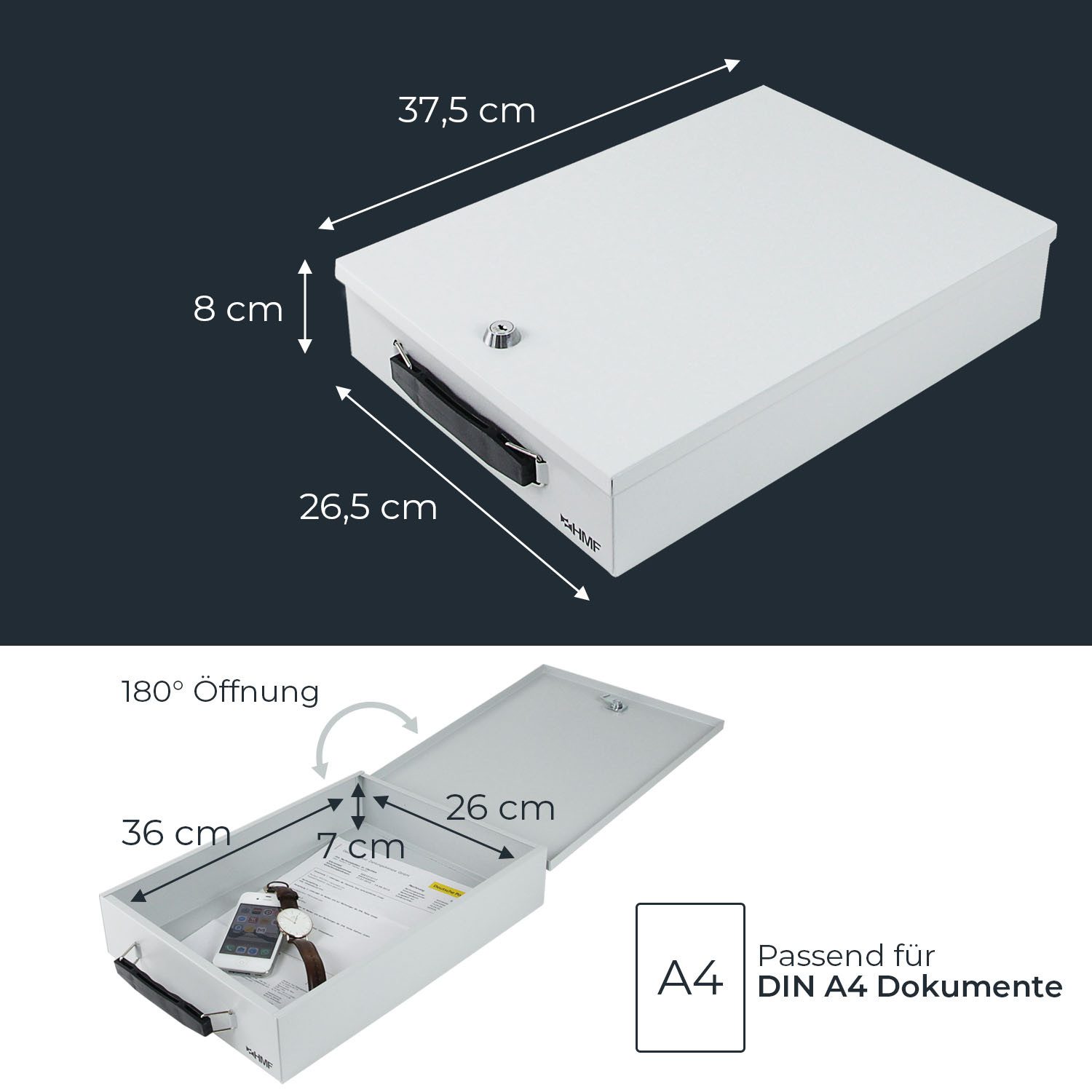 HMF Geldkassette Abschließbare Dokumentenkassette DIN A4, Dokumentenbox, 37,5 x 26,5 x 8 cm, Lichtgrau – Bild 5 von 5