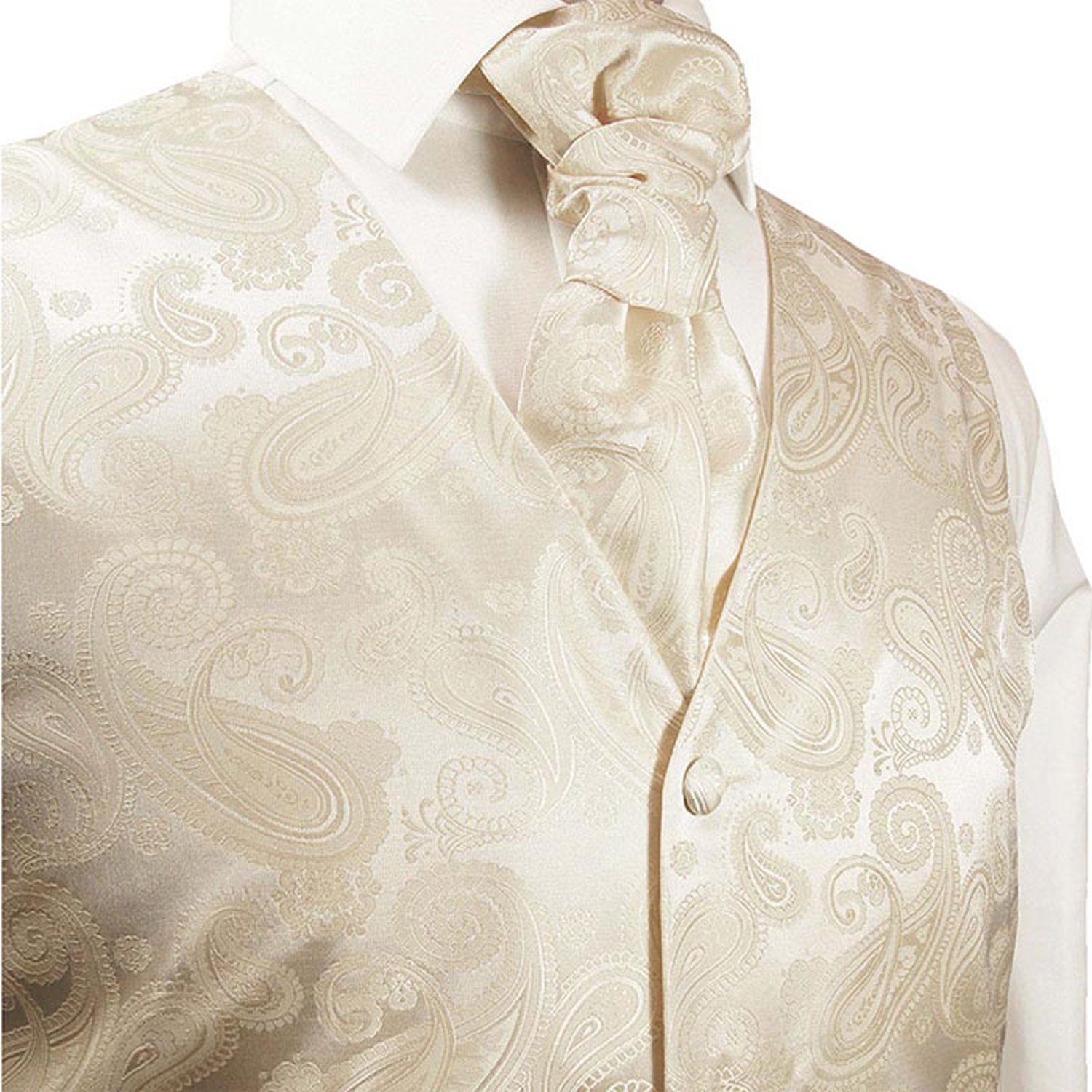 Paul Malone Anzugweste Herren Hochzeitsweste mit Plastron Set 2tlg paisley - Bräutigam (Set, 2-tlg., mit Weste und Plastron) creme V19, Gr. 52 (M)