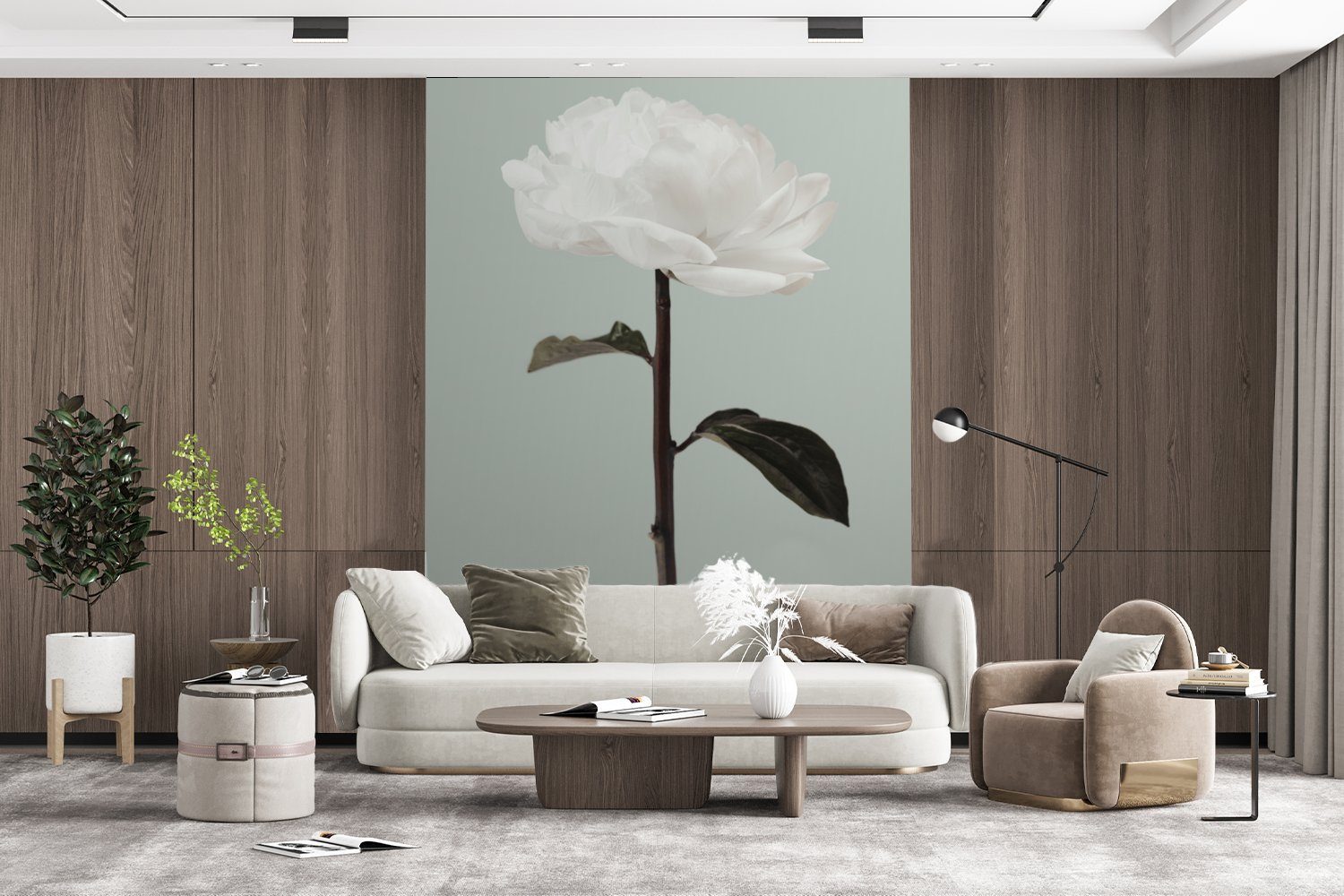 St), Montagefertig Stilleben, Wohnzimmer, Tapete MuchoWow (4 - Blumen - für Matt, bedruckt, Grün - Rose Wandtapete - Vinyl Fototapete Weiß