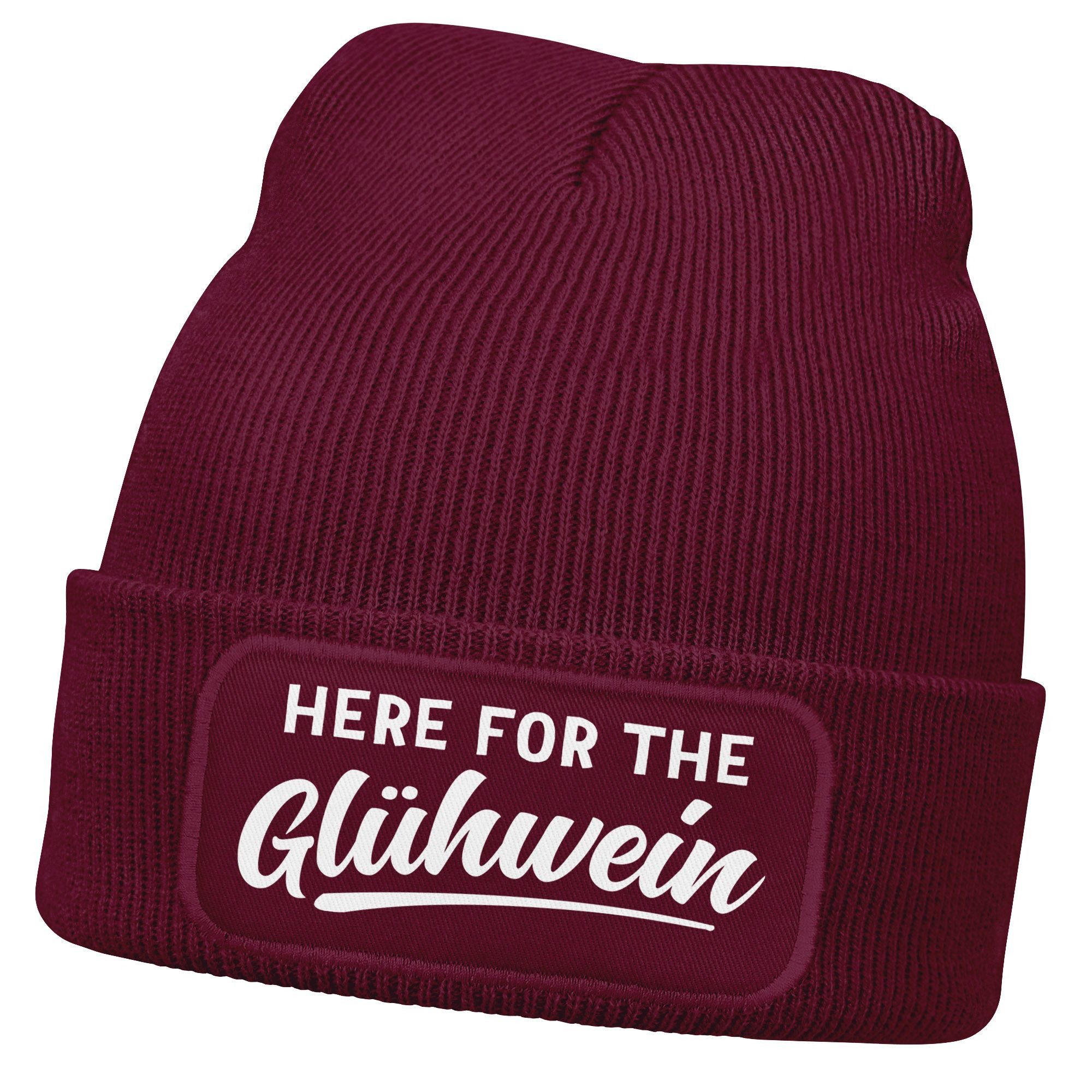 Strickmütze Damen Beanie mit Patch Strickmütze mit Spruch Here for Glühwein