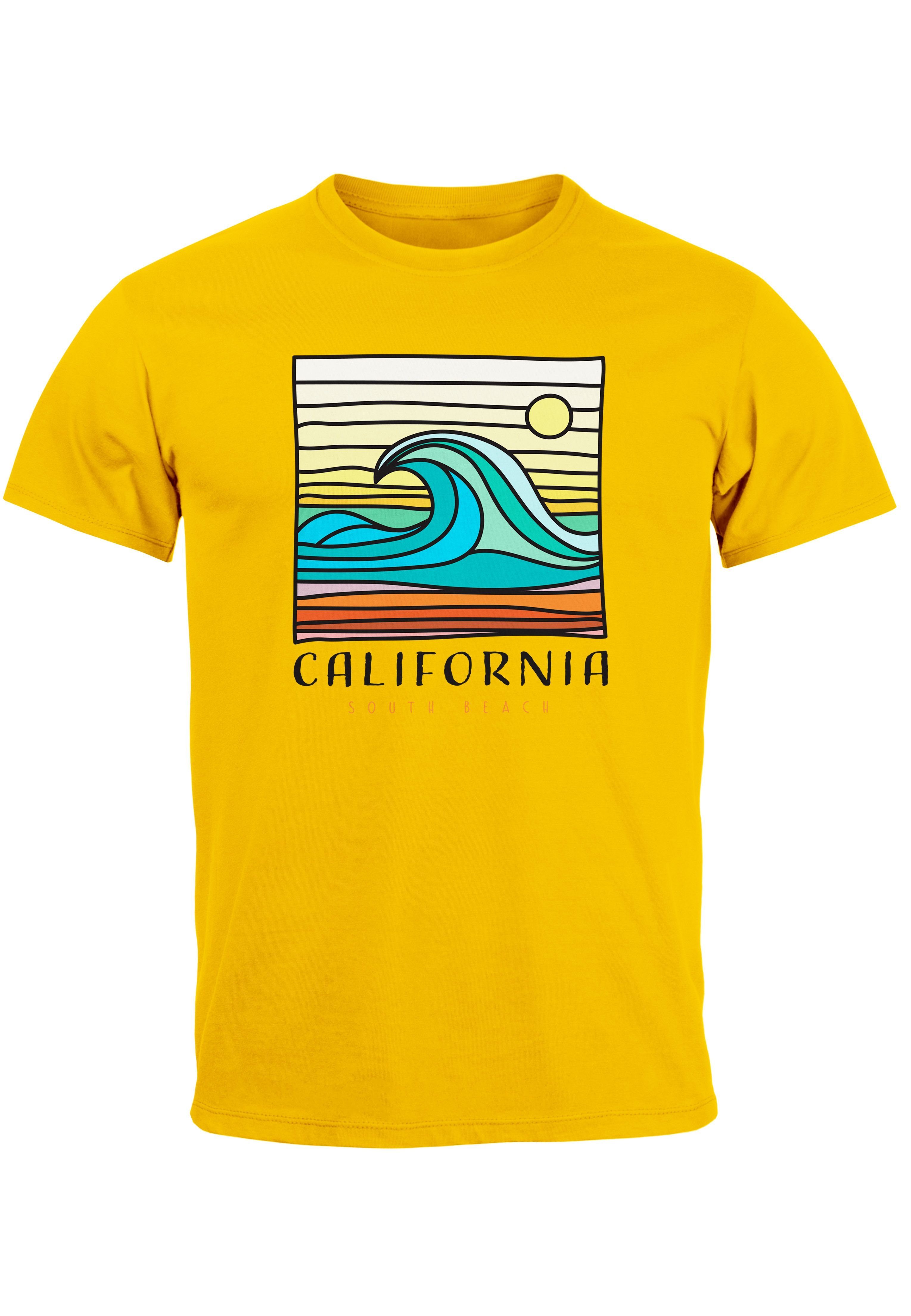 Neverless Print-Shirt Herren T-Shirt California South Beach Welle Wave Surfing Print Aufdruc mit Print gelb