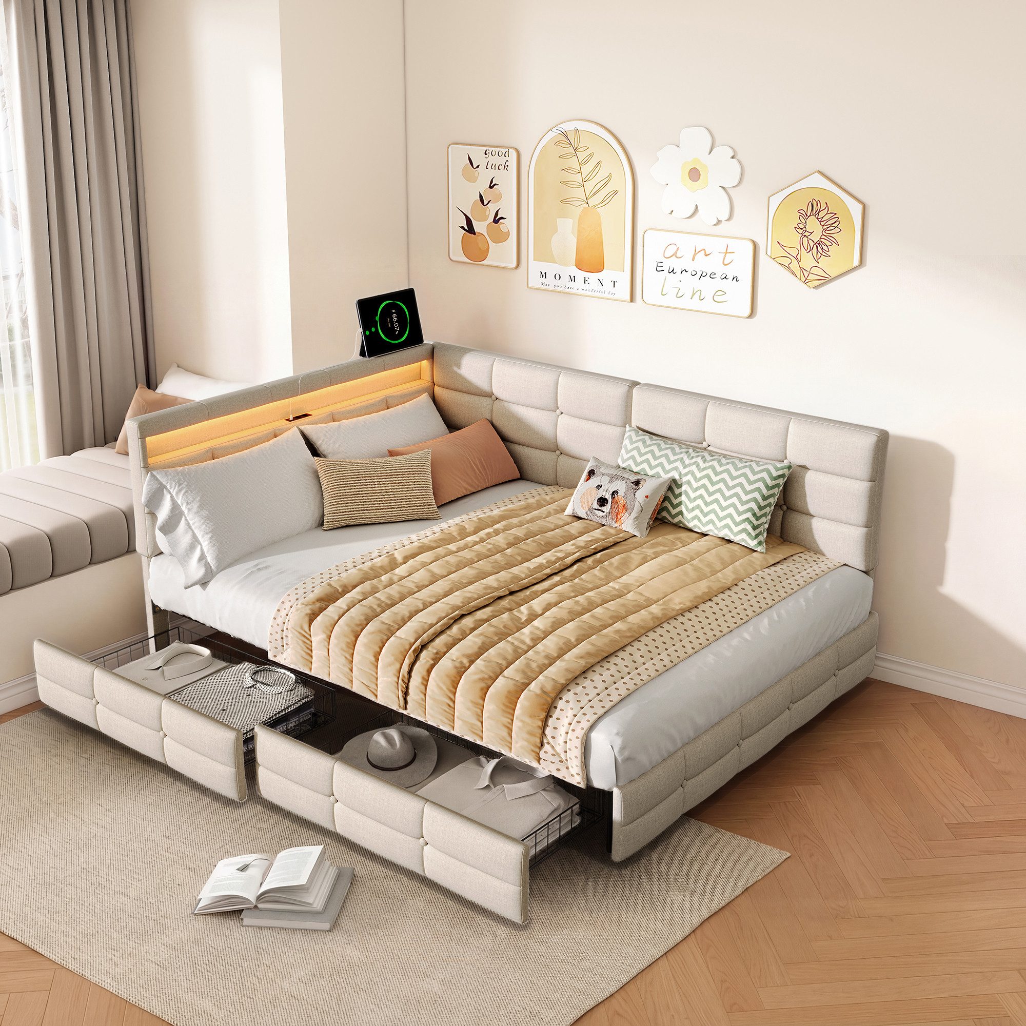 Gdood Polsterbett Daybett Jugendbett Tagesbett (1-tlg., 2 Schubladen, Geeignet für Jungen und Mädchen), Mit LED-Beleuchtung, Ladefunktion, Leinen, 140x200 cm
