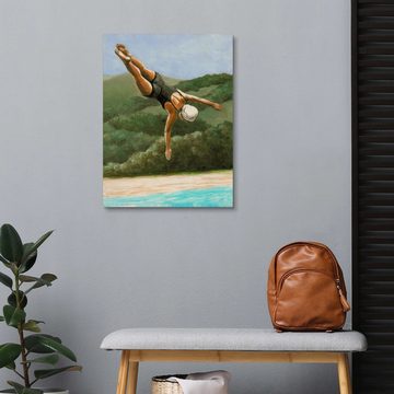 Posterlounge Holzbild Sarah Morrissette, Kunstspringerin über dem See, Badezimmer Vintage Malerei