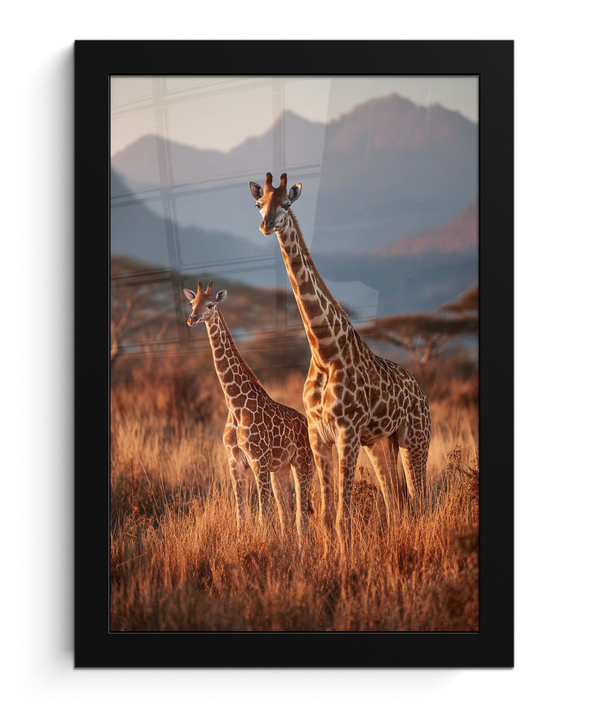 MuchoWow Poster Giraffen - Hohes Gras - Akazienbäume, (1 St), Bilderrahmen, Zimmer Deko, Bild für Wohnzimmer, 20x30 cm