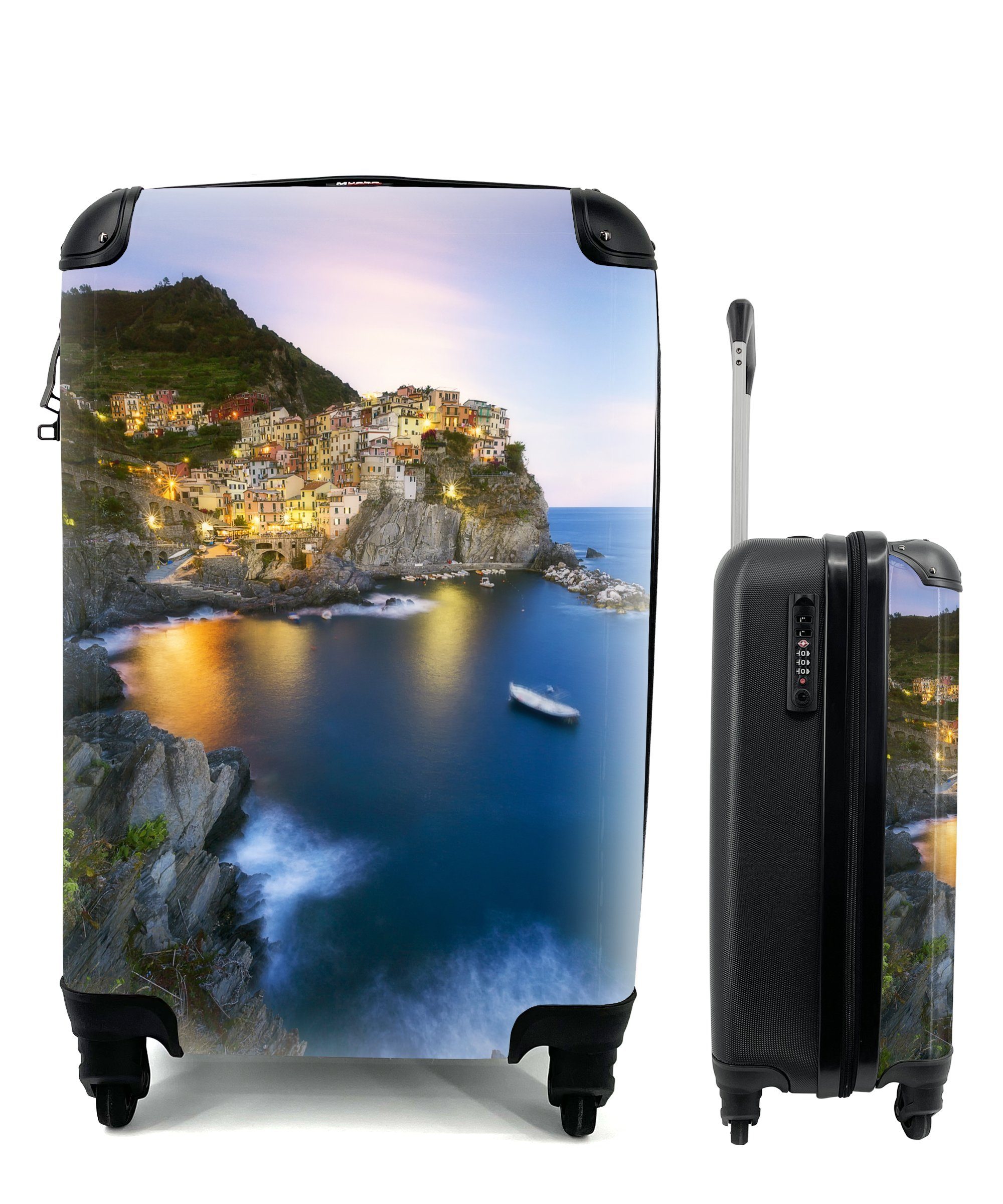 MuchoWow Handgepäckkoffer Cinque Terre am Abend und beleuchtet von den gelben Lichtern, 4 Rollen, Reisetasche mit rollen, Handgepäck für Ferien, Trolley, Reisekoffer