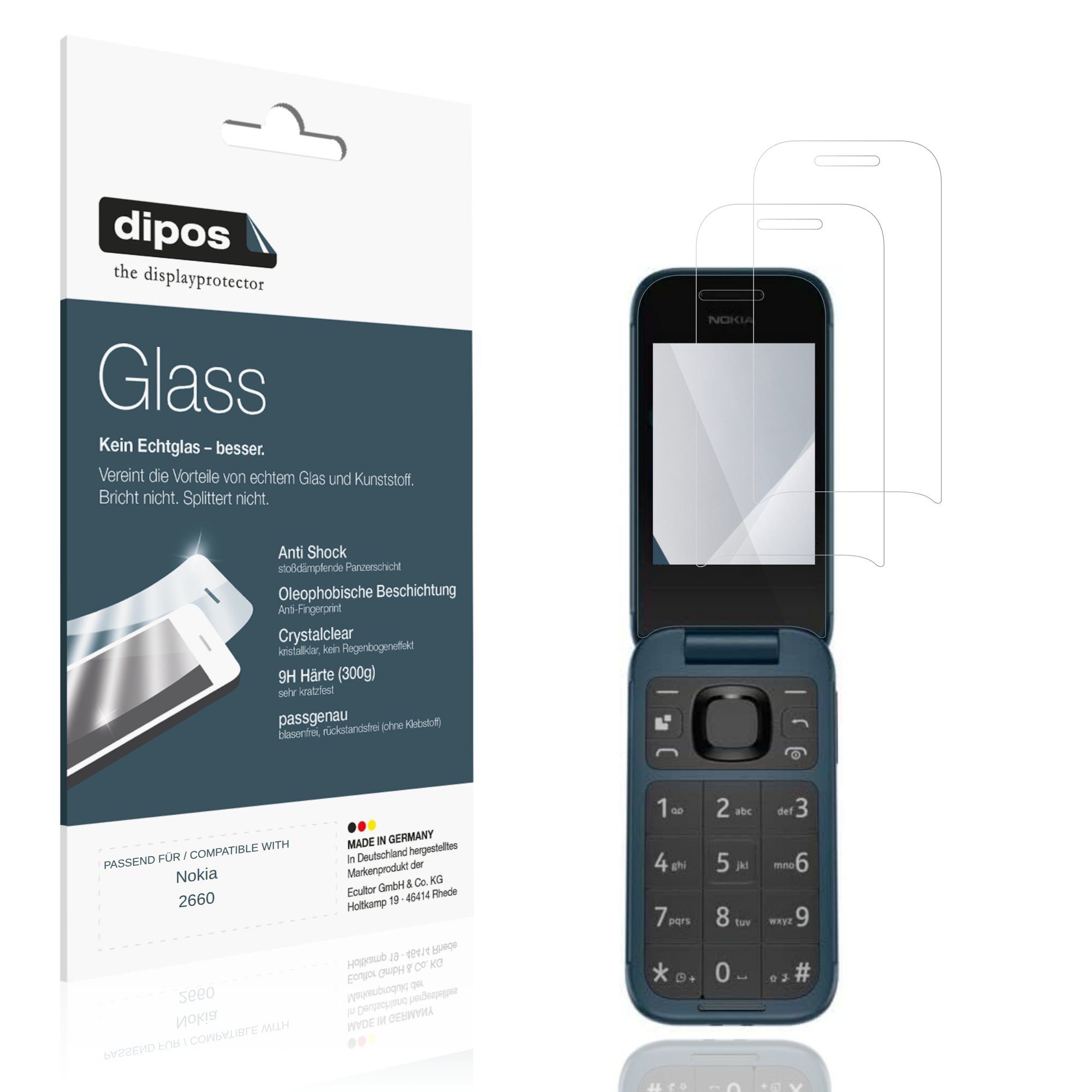 dipos Displayschutzfolie Schutzfolie für Nokia 2660, 2 Stück, Displayschutz Schutz Folie Made in Germany
