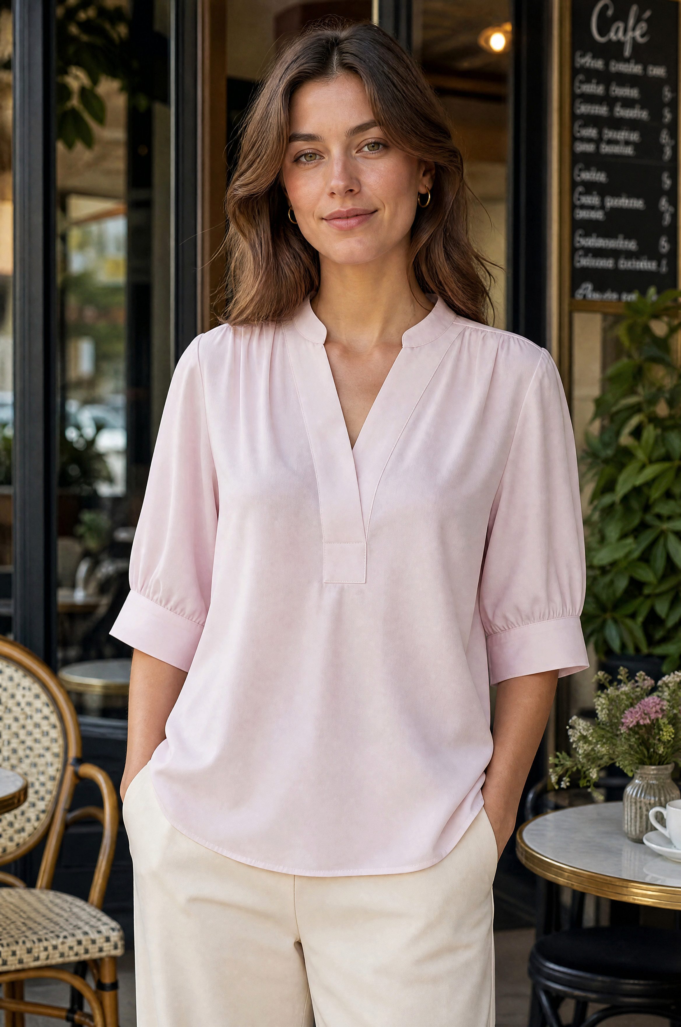 NADINE H Blusenshirt Baumwolle-Sommerbluse im eleganten Blush modern Frühling