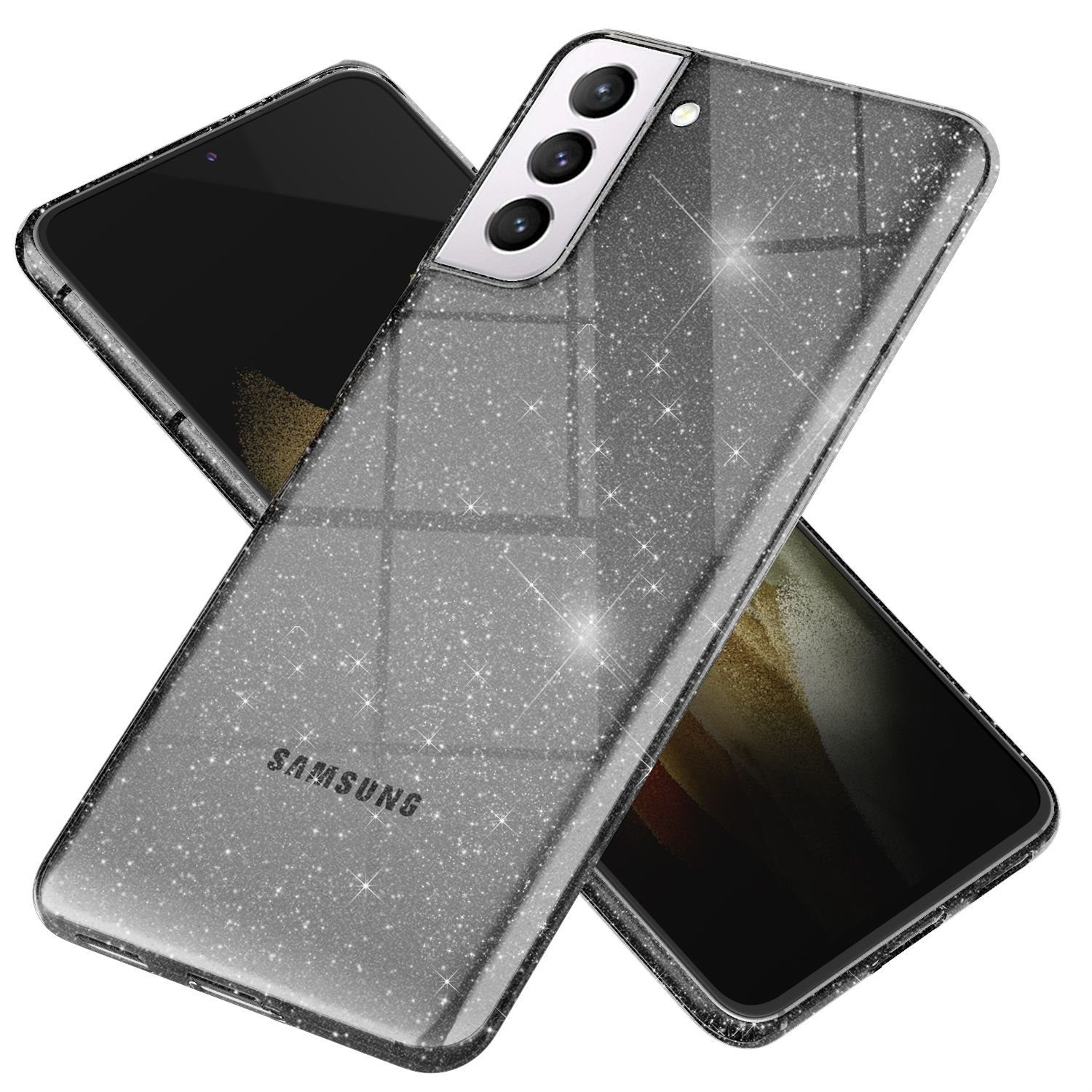 Nalia Smartphone-Hülle Samsung Galaxy S21 Plus, Klare Glitzer Hülle / Silikon Transparent / Glitter Cover / Bling Case