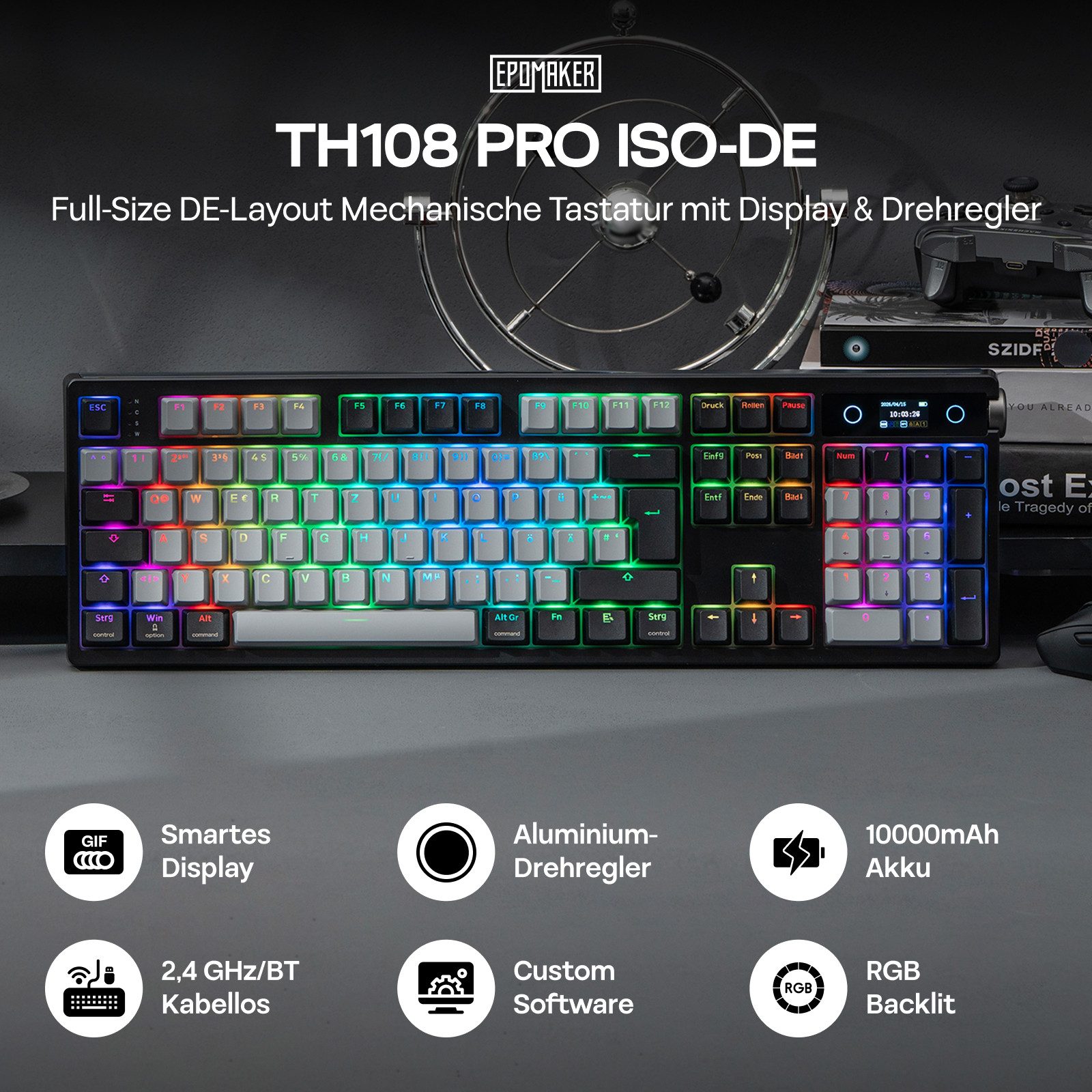 EPOMAKER TH108 PRO Full Size Mechanische Tastatur (mit Bildschirm & Drehknopf, RGB Gaming Tastatur Kabellos)