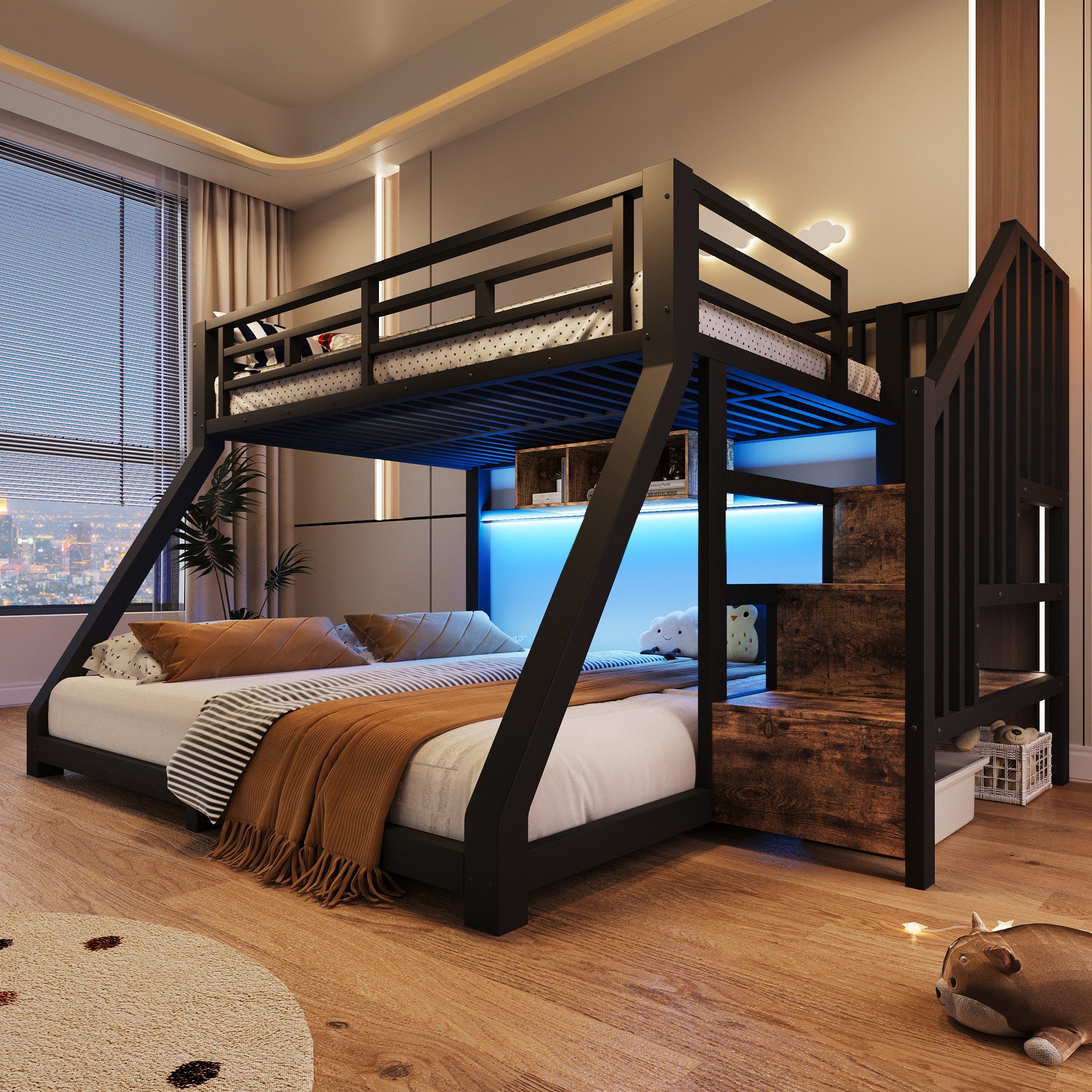 OKWISH Etagenbett Metallbett Kinderbett (mit LED-Lichtleisten, Stauraumtreppe, drei Staufächern, Geländer und Stufen, 90x200 cm / 140x200 cm), ohne Matratze