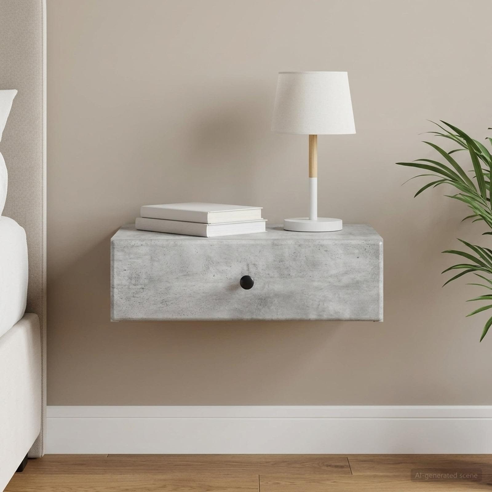 furnicato Wandhängeschrank Beistelltisch wandmontiert 59 x 34,5 x 17 cm Betongrau, 1-tlg., Wandschwebendes Nachttisch-Modell mit Schublade für dein Wohnzimmer