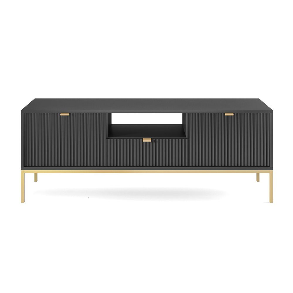 Lomadox Lowboard NEWCASTLE-160, Fernsehschrank, schwarz, Fußgestell goldfarben, Griffe goldfarben