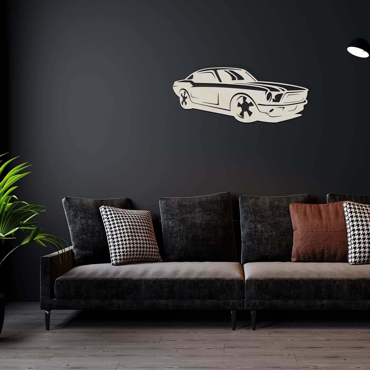 Auto Ohne - batteriebetrieben Sportwagen Holz Wohnzimmer LED Mustang Dekoobjekt fest LED Leuchte Wand mit Zugschalter, - Namofactur aus Dekolicht Warmweiß, Lampe, Schwarz Motiv Wanddekoobjekt integriert,