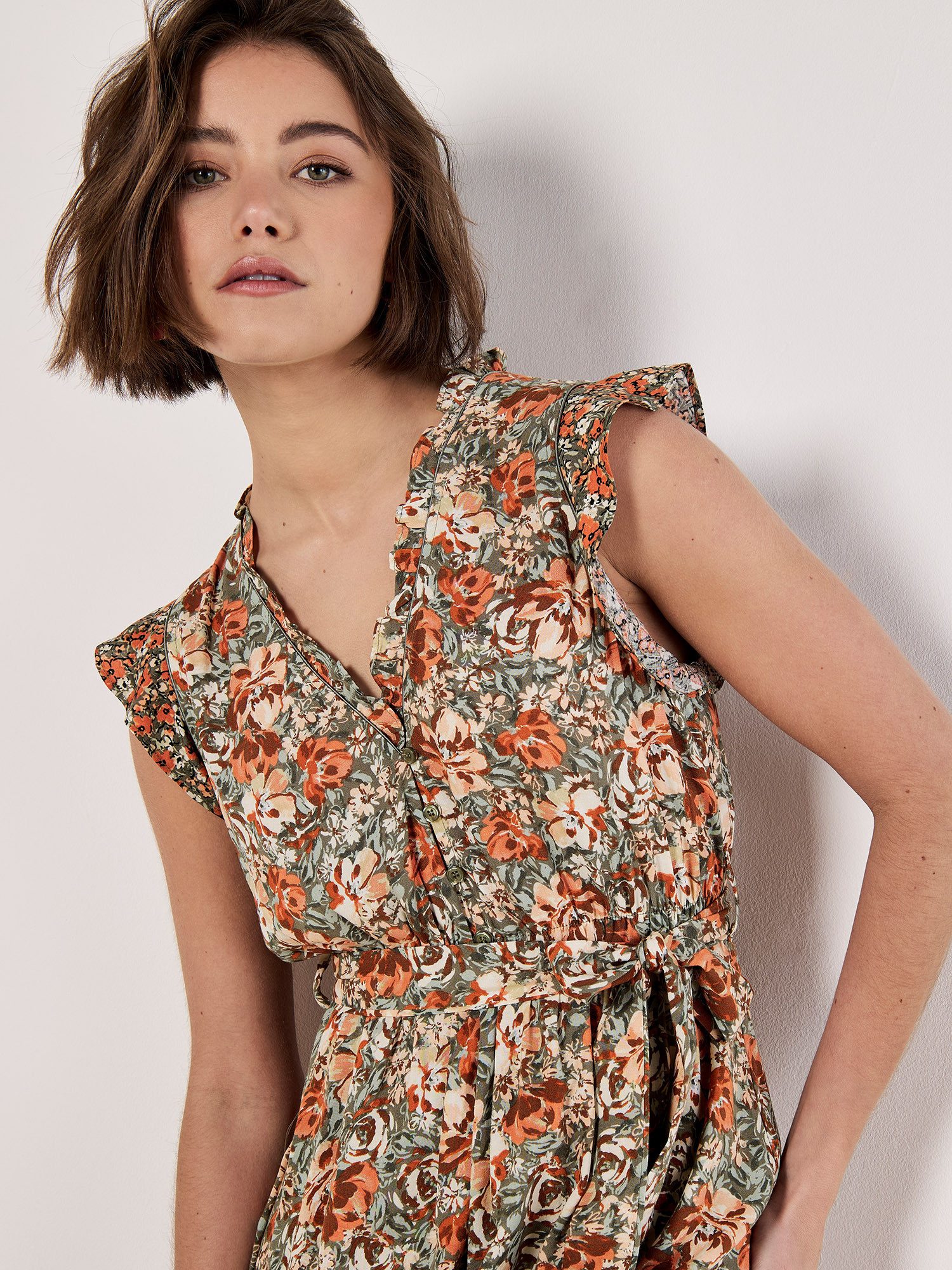 Apricot Druckkleid Geblümtes Minikleid (2-tlg) mit Rüschen