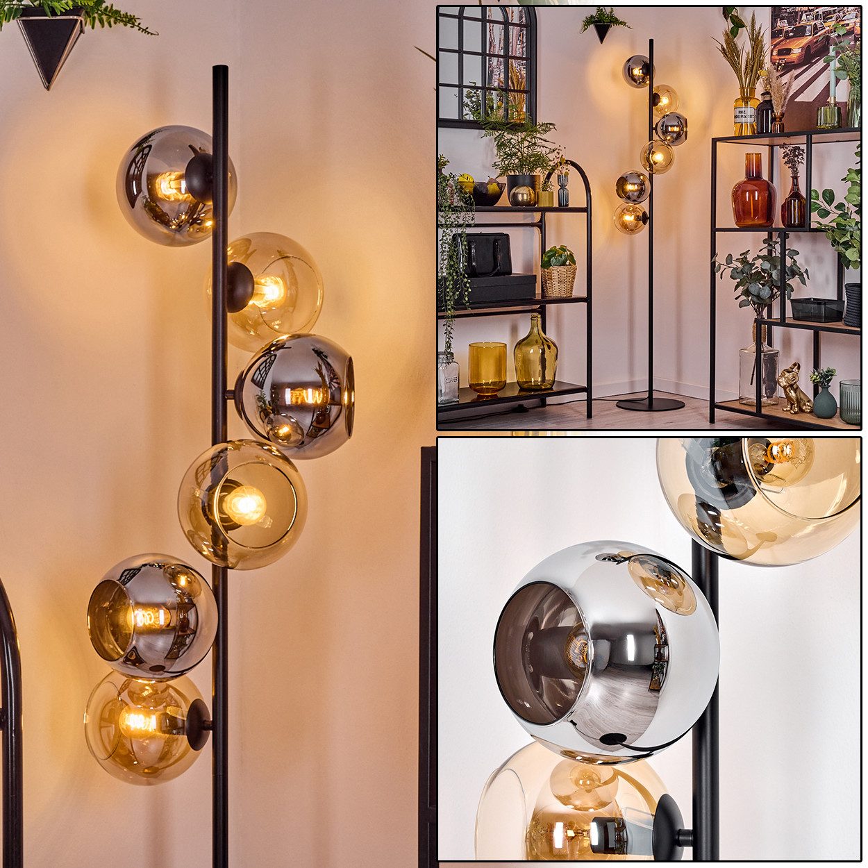 Stehlampe Stehlampe aus Metall/Glas, Schwarz/Chrom/Rauch/Bernstein, Retro-Design