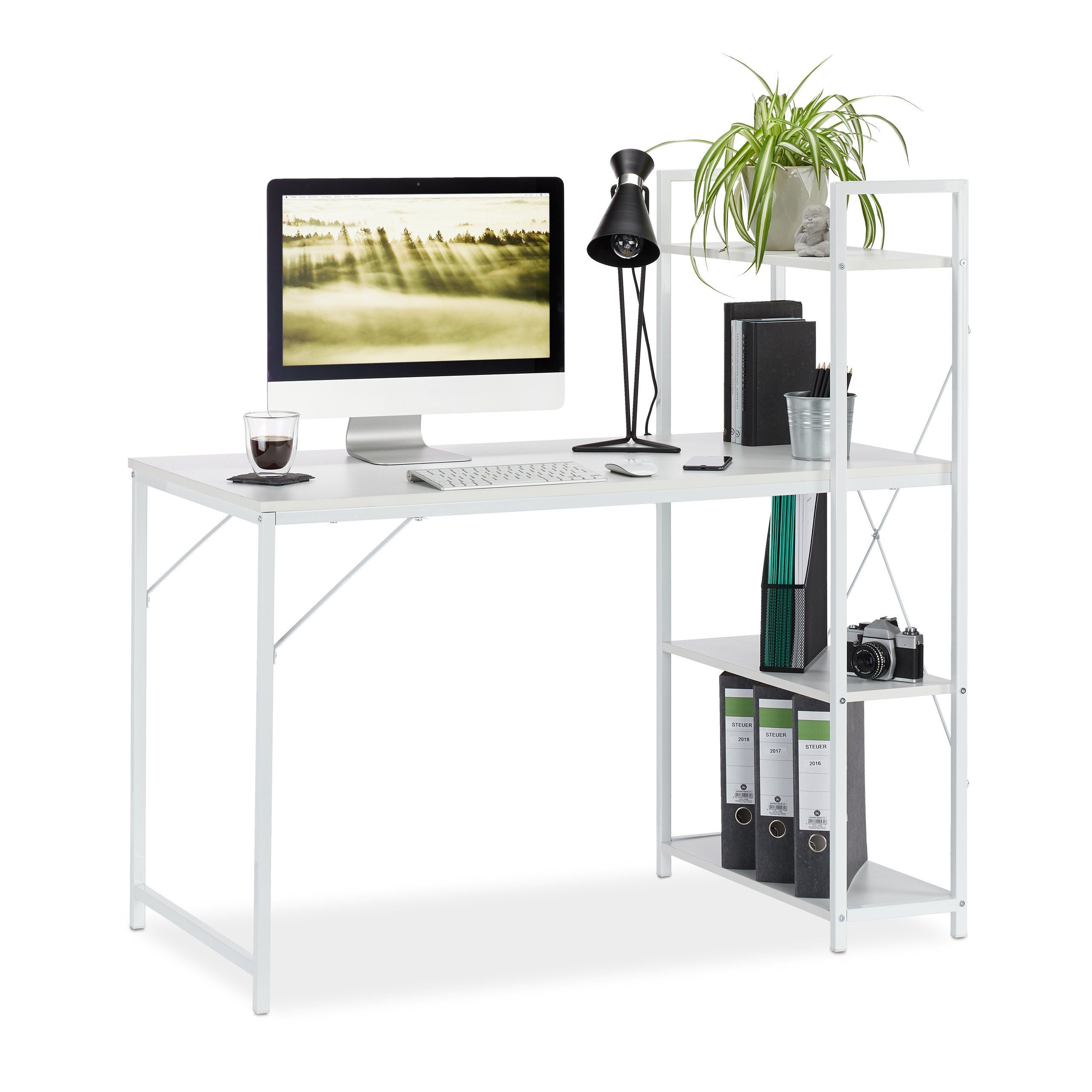 relaxdays Schreibtisch Schreibtisch mit Weiß Weiß / Regal