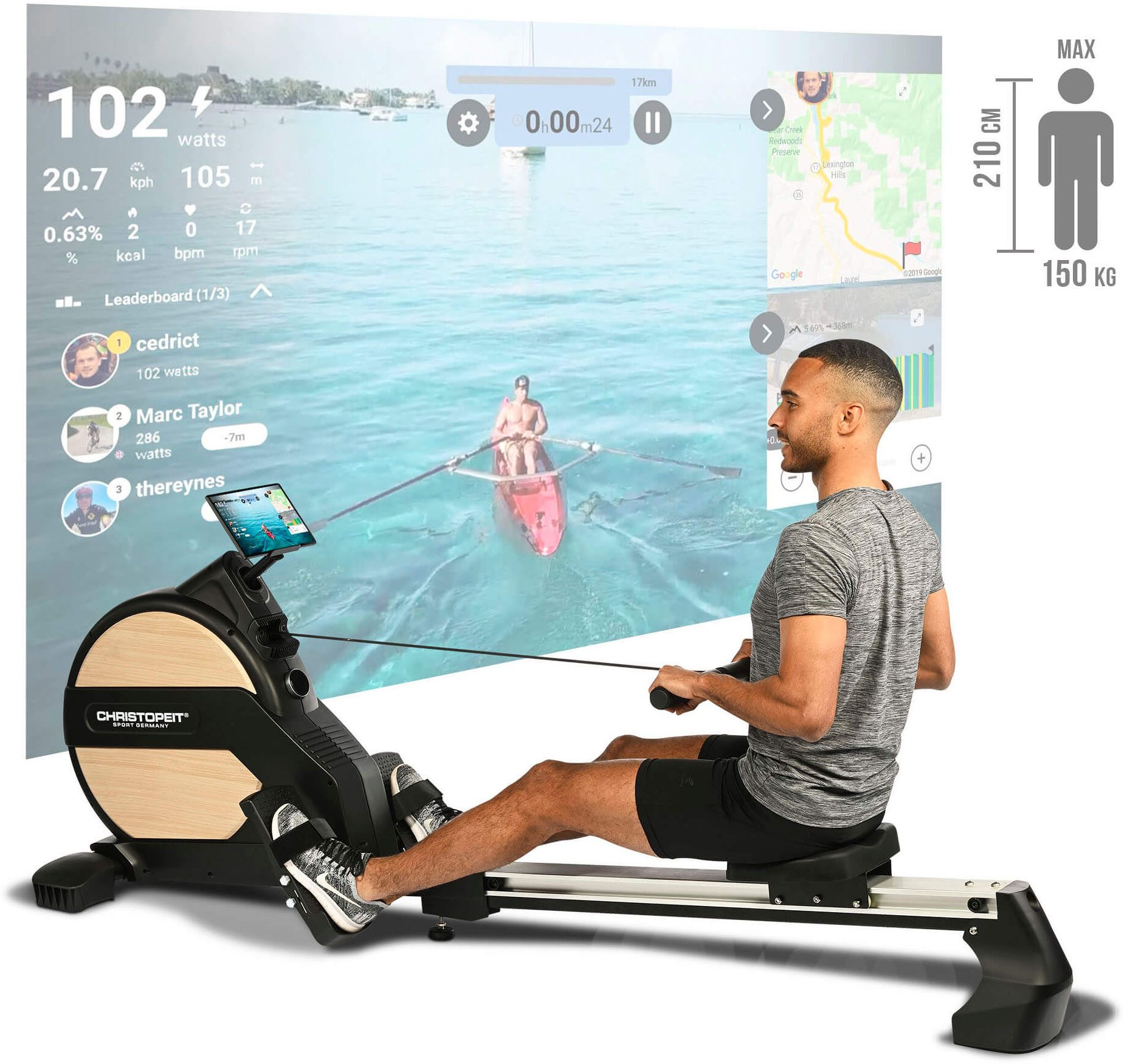 Christopeit Sport® Ruderzugmaschine Vico (150 kg max. Benutzergewicht, Kinomap-App kompatibel, Sport), Rudermaschine, klappbar