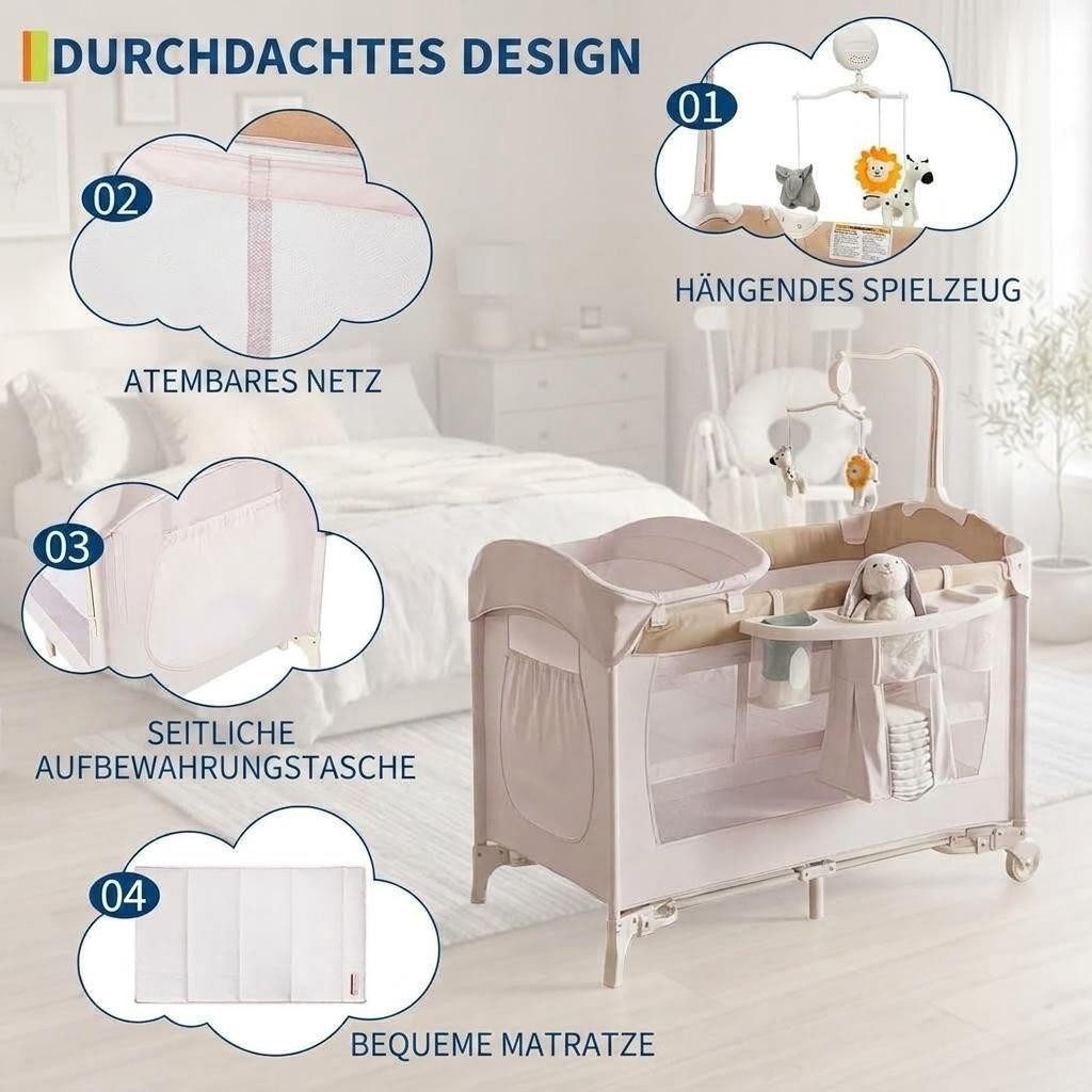 GarveeMore Baby-Reisebett 4-in-1 Baby Beistellbett Mit Rollen Klappbar,Laufstall, Wickeltisch&Wiege,Inklusive Matratze,Tragetasche,Musikspiel Mobile
