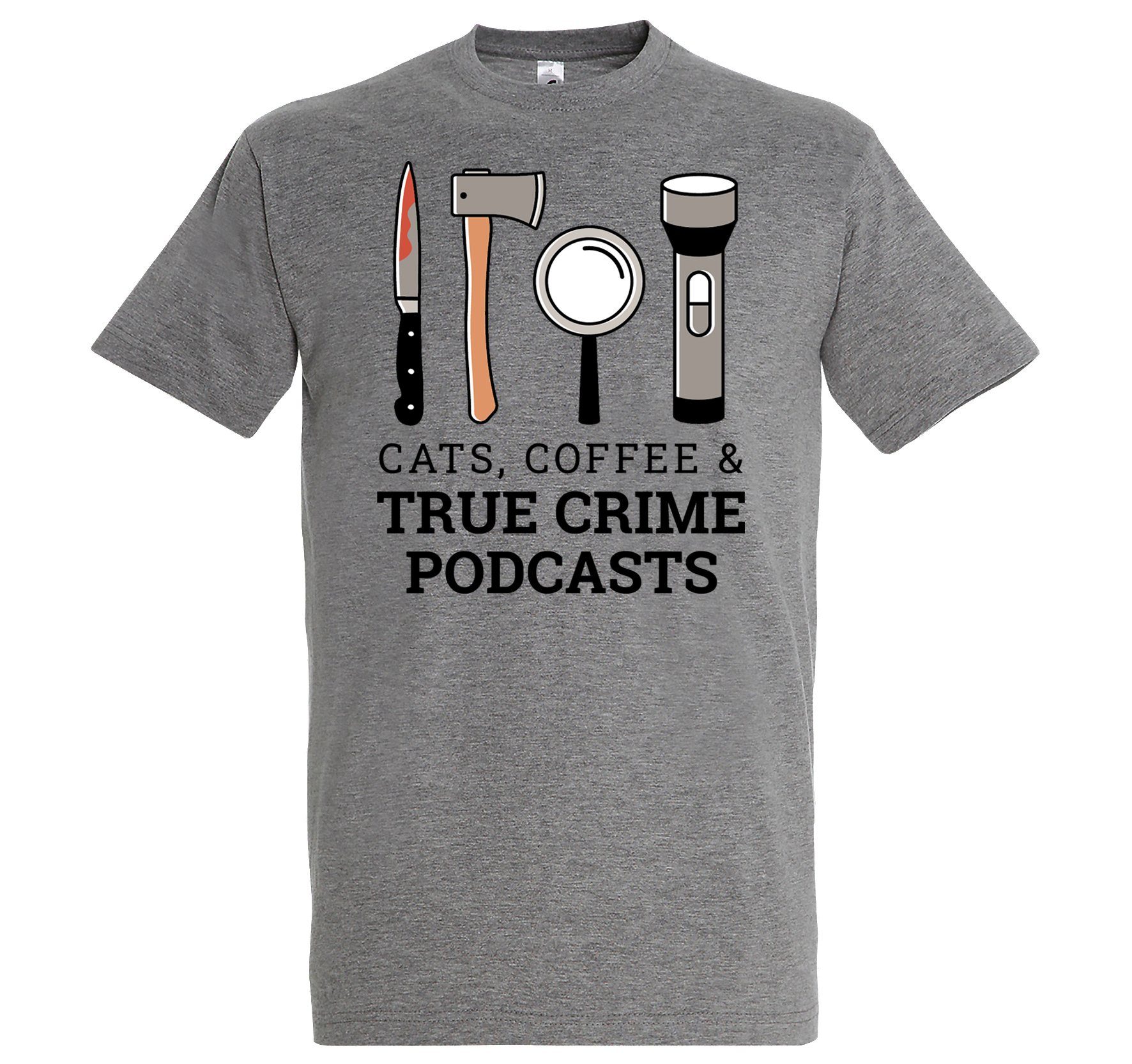Youth Designz T-Shirt CATS COFFEE & TRUE CRIME PODCASTS Herren Shirt Mit Lustigem Aufdruck Grau