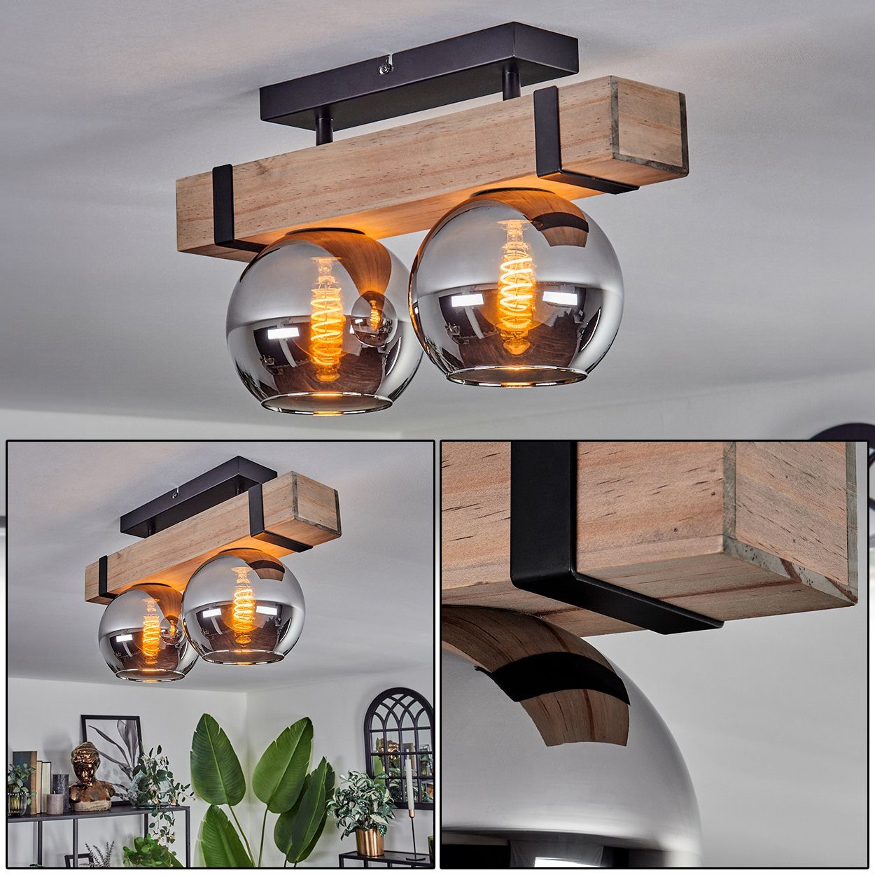 hofstein Deckenleuchte Deckenlampe aus Metall/Holz/Glas in günstig online kaufen