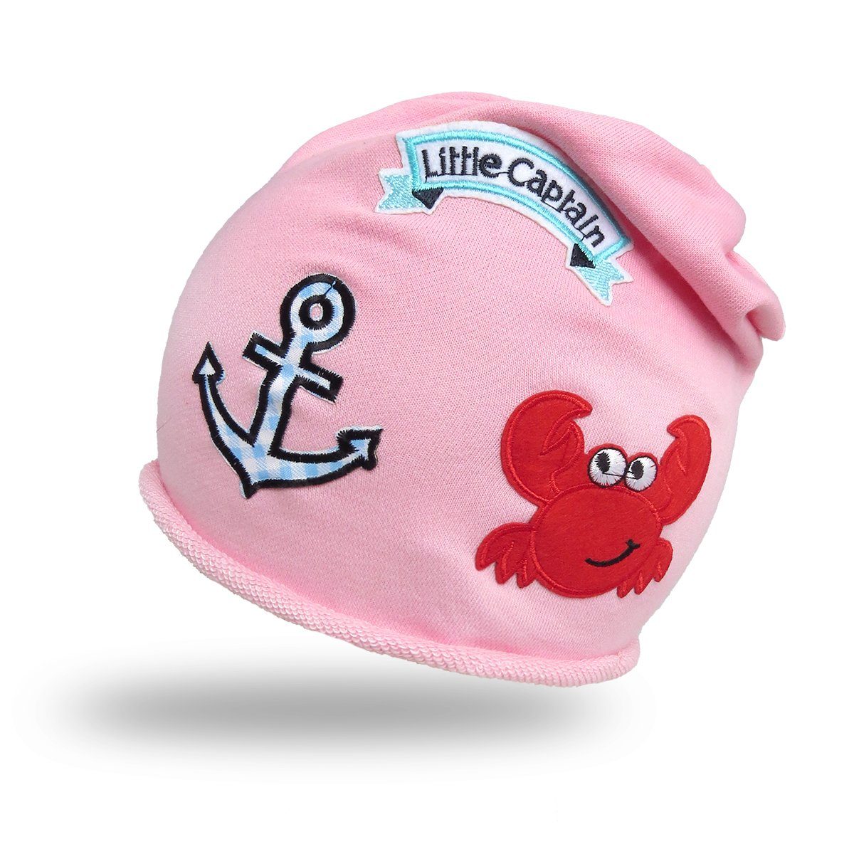 Sonia Originelli Beanie Beanie Mütze Kleinkind Patch Aufnäher Krabbe Anker Baumwolle Babymütze ca. 0-2 Jahre, Onesize rosa