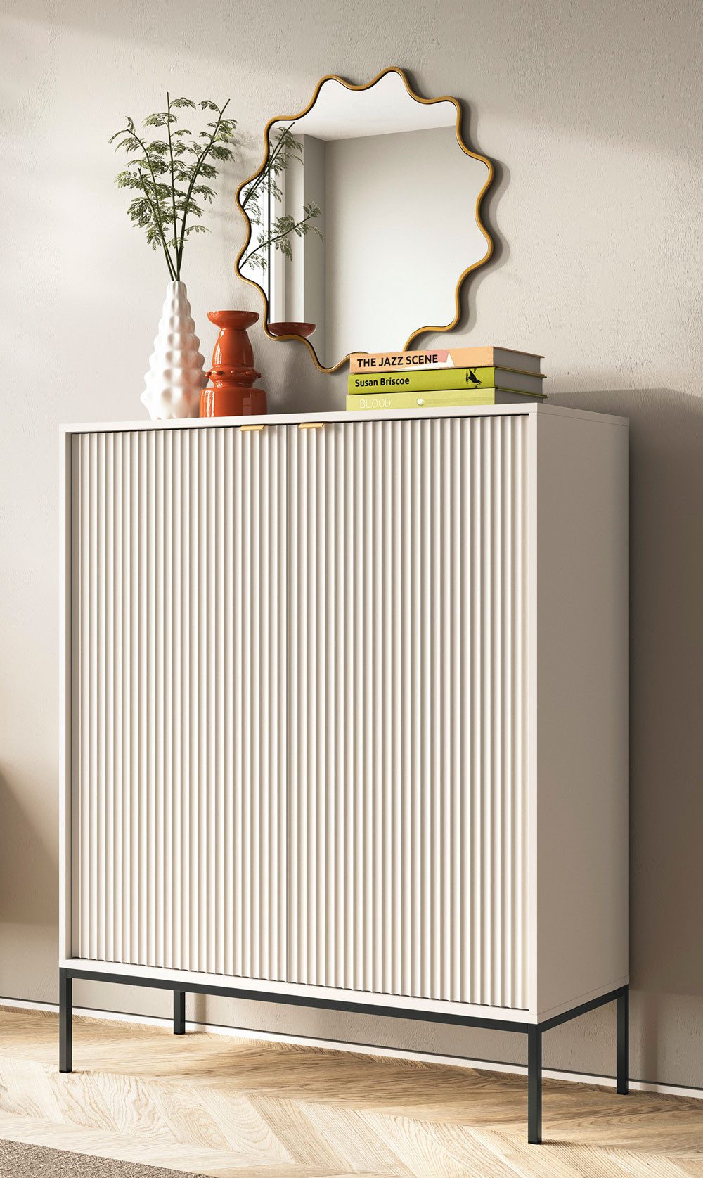 Feldmann-Wohnen Highboard Nova (2 Türen, 4 Holzböden, klare Kanten, geradliniges Design, 1 St., Riffel-Optik Front, goldfarbene Metallgriffe, ABS-Kanten), 104x39x125cm, Fronten mit ausdrucksstarkem geriffelten Muster