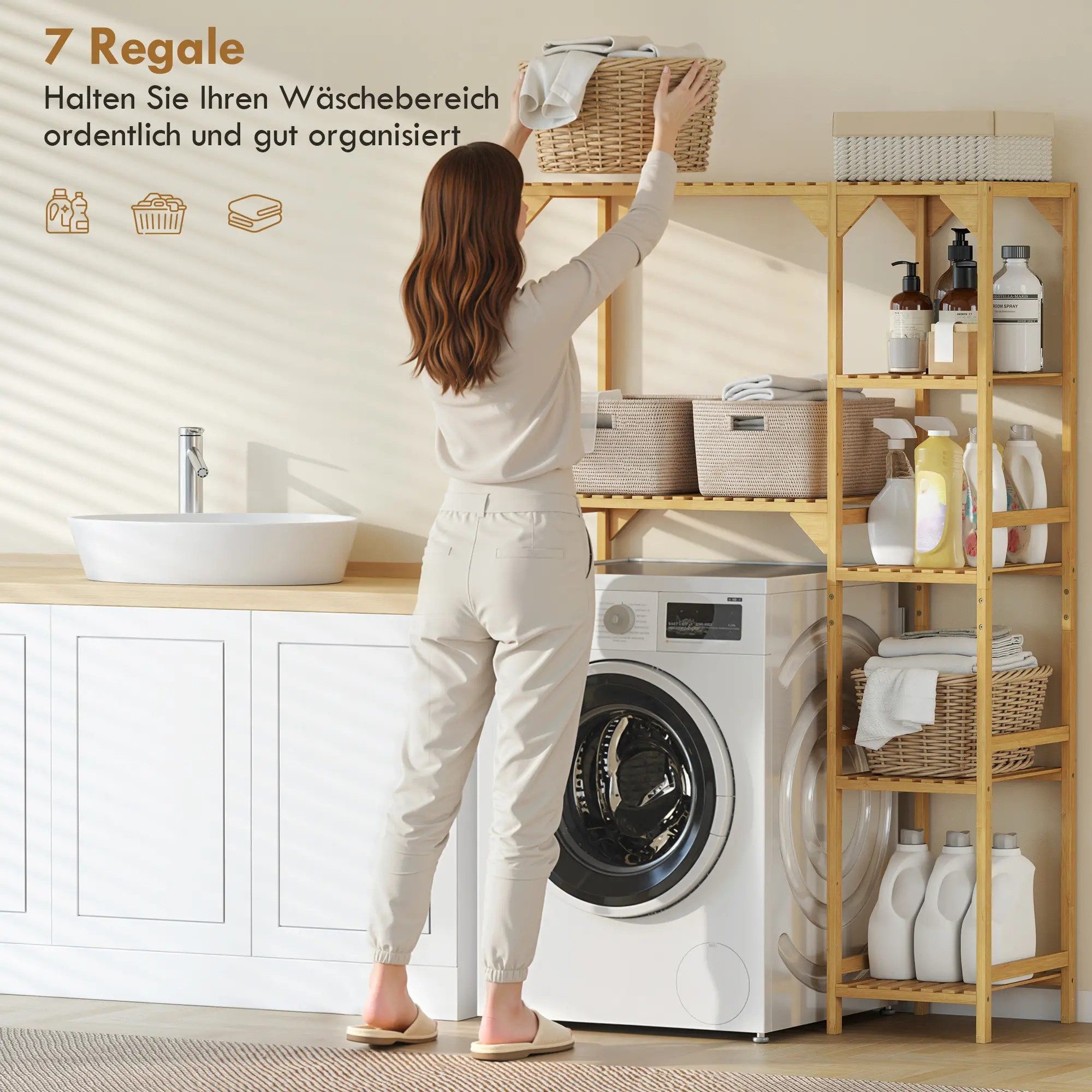 BlingBin Badregal Waschmaschinenregal Bambus Badezimmerregal mit 7 Ebenen, günstig online kaufen