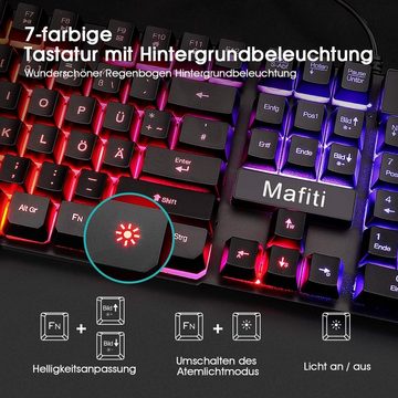 mafiti Regenbogen LED Hintergrundbeleuchtung Tastatur- und Maus-Set, Ideal für Gaming und Büro, QWERTZ (DE-Layout), Multimedia-Tasten