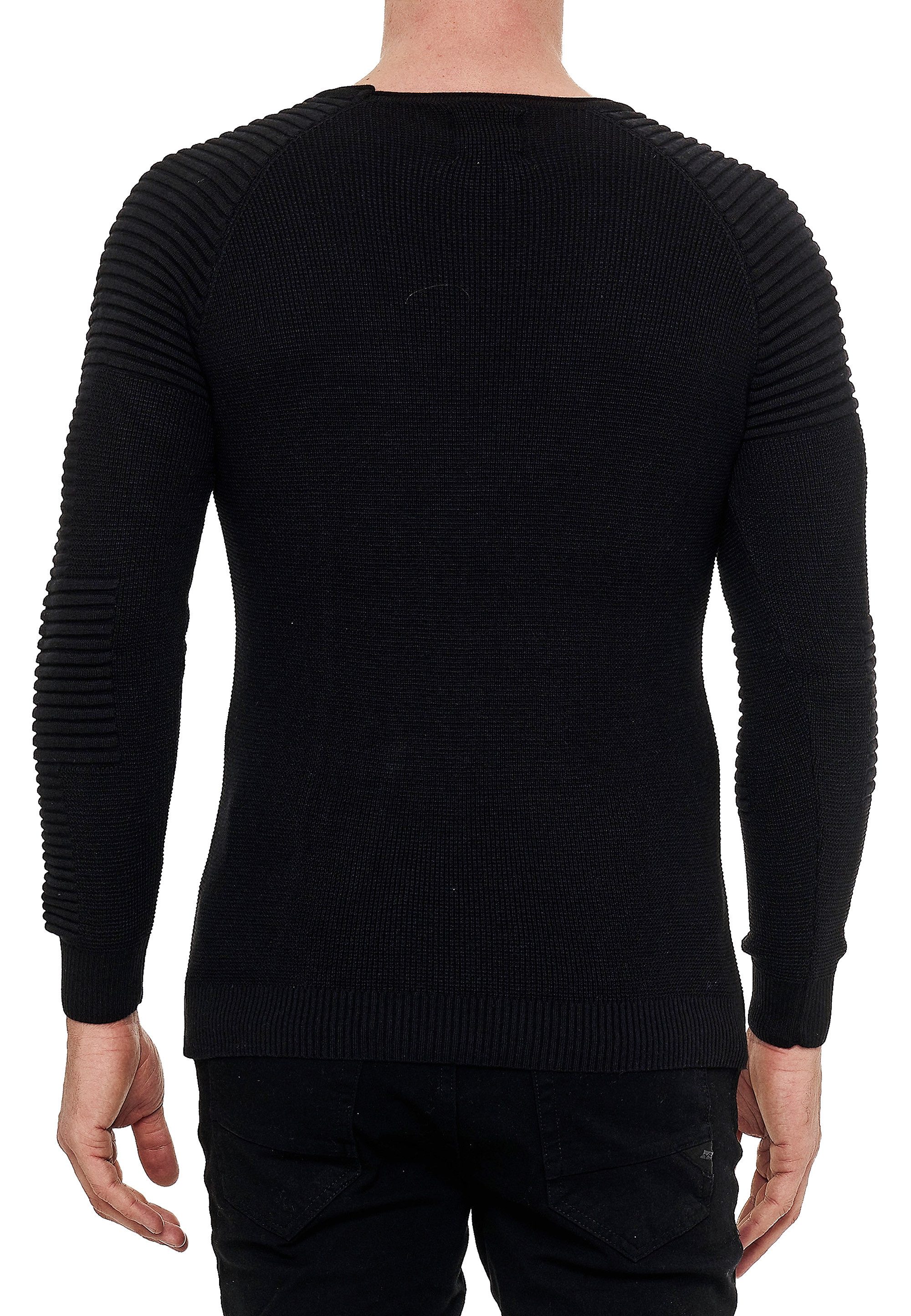 R-NEAL Rundhalspullover Fein-Strick Slim-Fit Biker Strick-Pullover Gerippter Langarm-Pullover