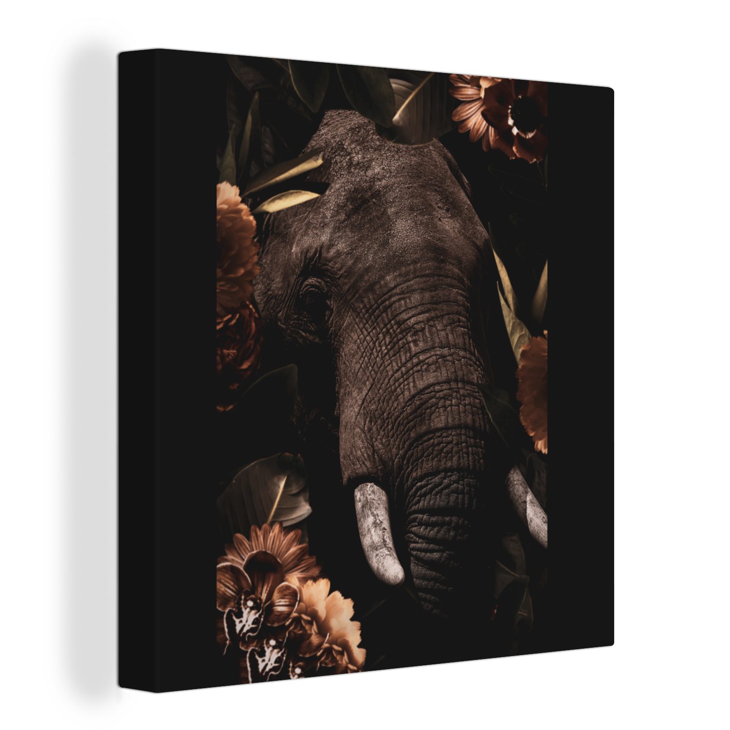 OneMillionCanvasses® Leinwandbild Elefant - Blumen - Porträt, (1 St), Leinwand Bilder für Wohnzimmer Schlafzimmer