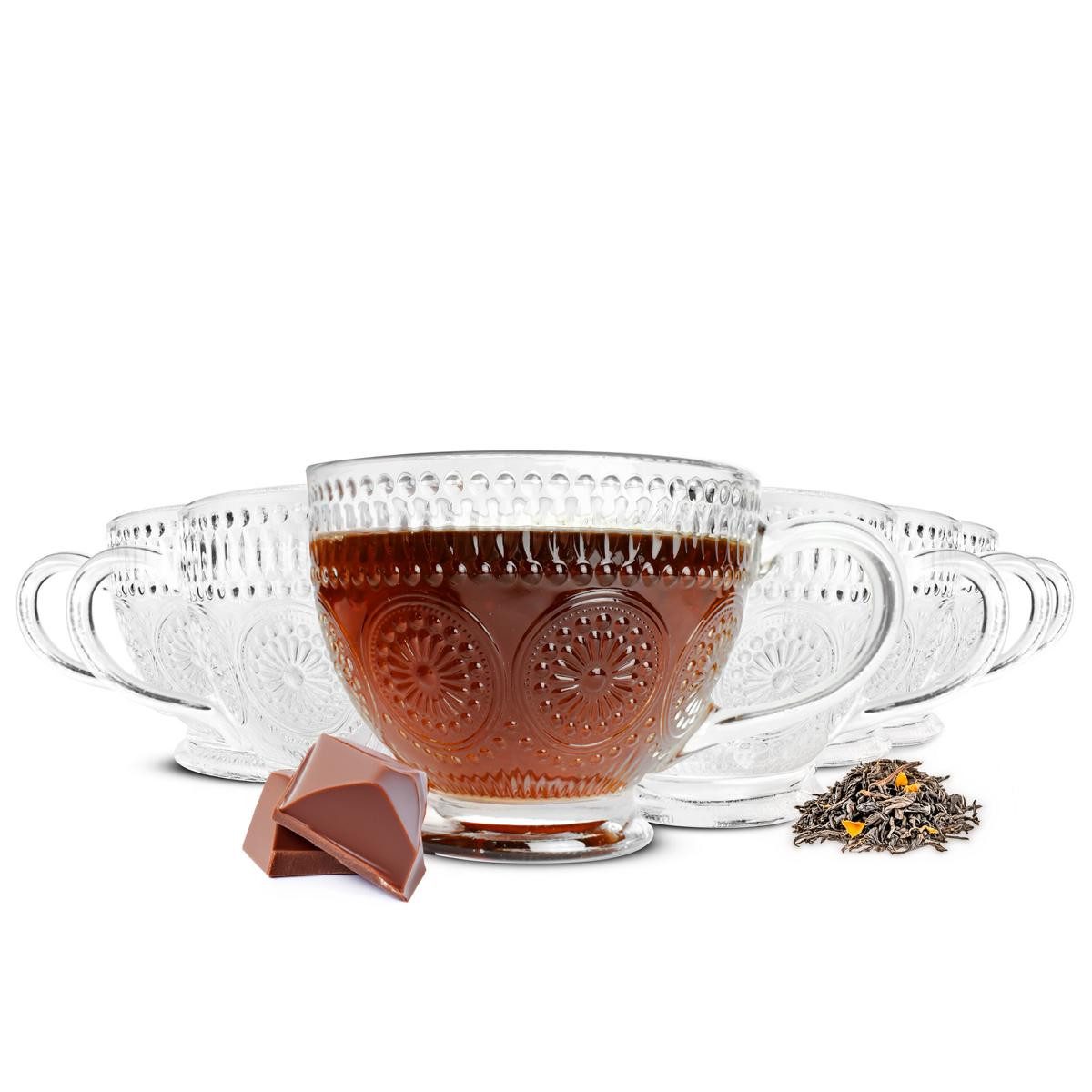 Sendez Cappuccinotasse mit Relief Kaffeegläser Teegläser Trinkgläser 430ml, 6-tlg., Glas