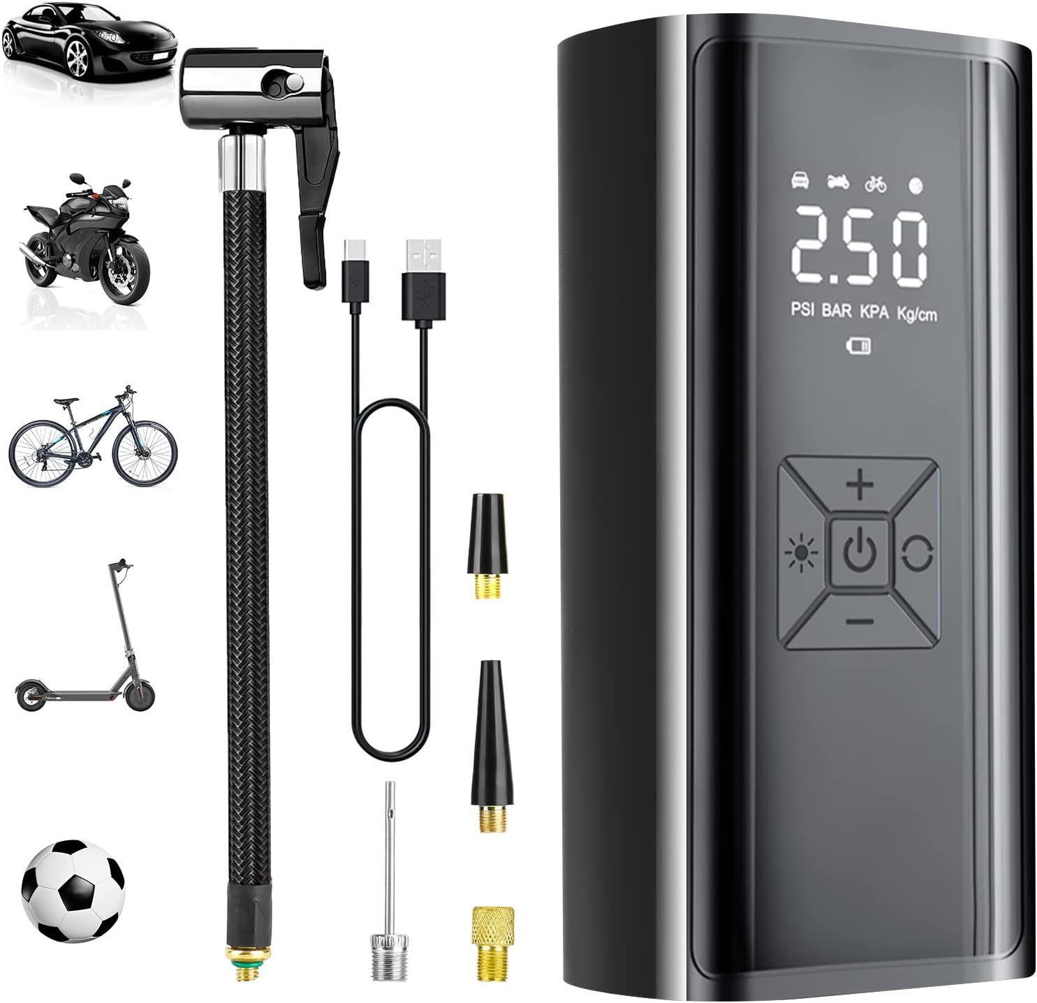 7Magic Luftpumpe Elektrische Luftpumpe mit 6000mAh Akku, AutoOff,  USB-Powerbank, 150PSI Luftpumpe mit Manometer für Auto Fahrrad Motorrad  Bälle