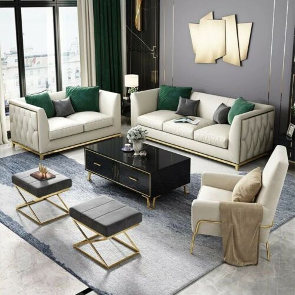 Sofa JVmoebel 6tlg Wohnzimmer-Set, Hocker Garnitur Set + Leder Sitz Sofas Couch Polster Tisch