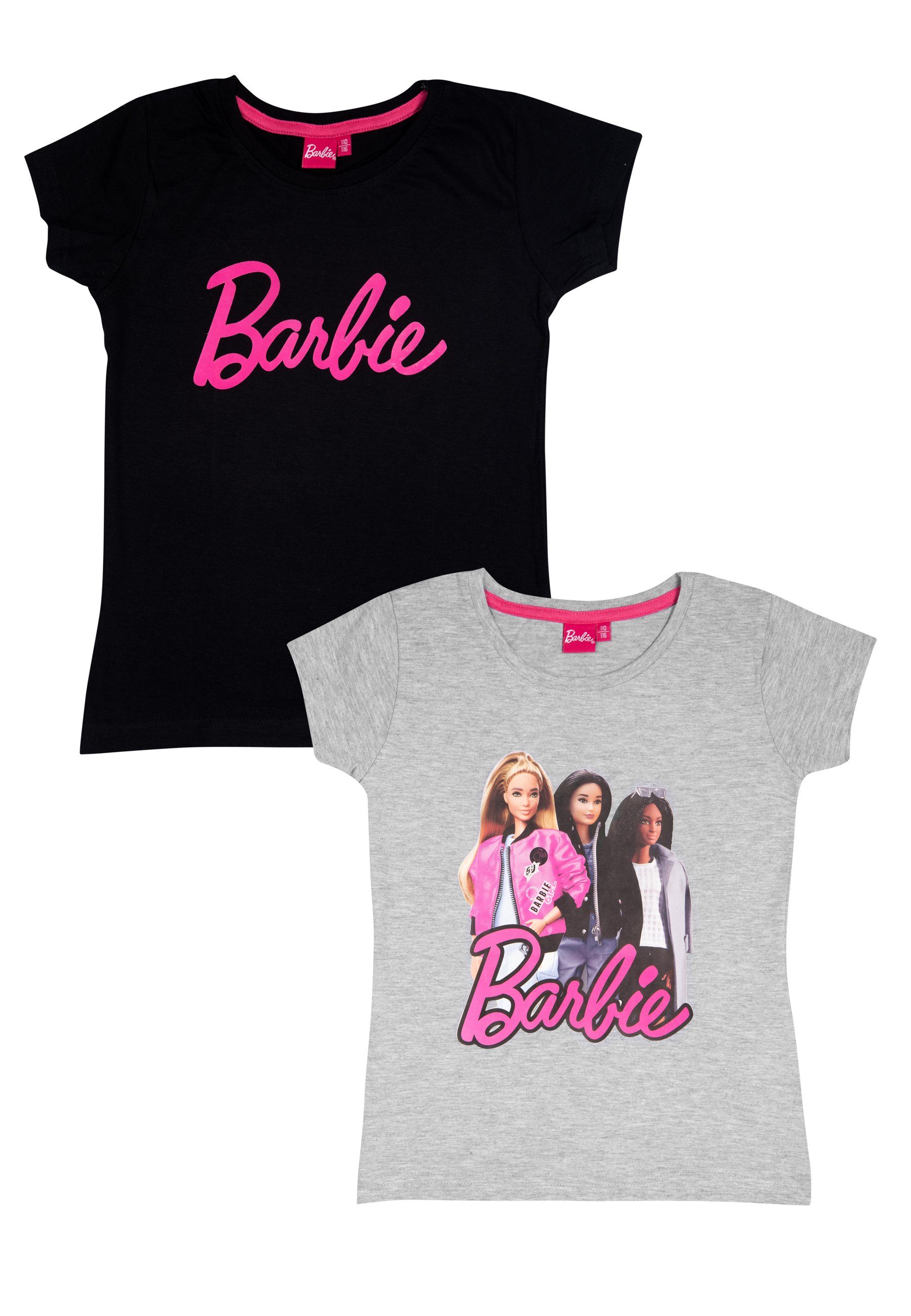 United Labels® T-Shirt Barbie T-Shirt Mädchen Oberteil kurzärmlig Schwarz/Grau 2er Pack