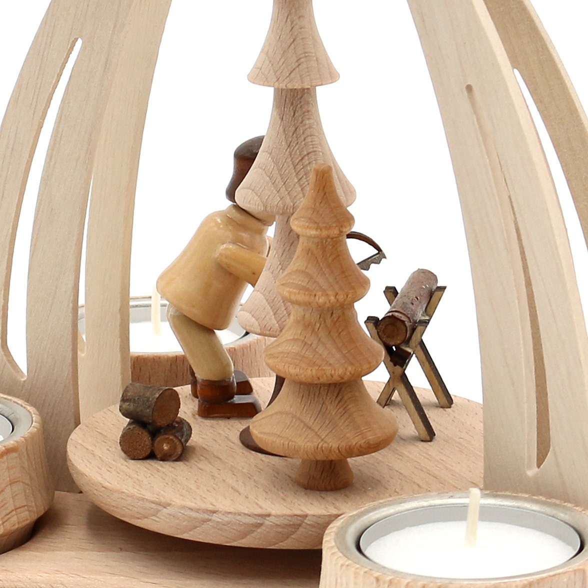Dekohelden24 Weihnachtspyramide Pyramide aus Buchenholz Waldarbeiter mit Säge, ca. 24 cm