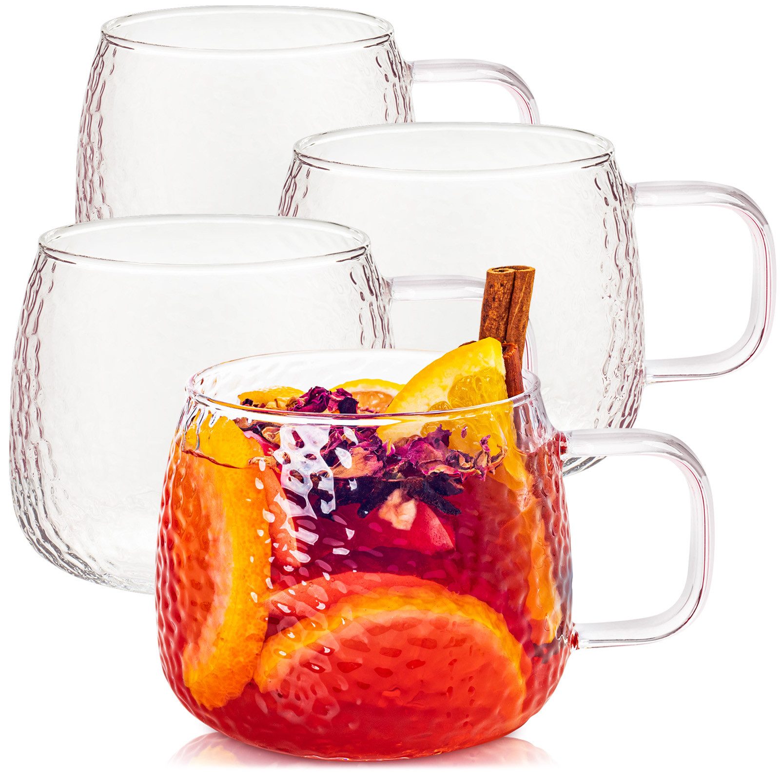 KONZEPT Teeglas mit Henkel 2/4-er Set, Teetasse 420 ml, Tassen Set aus Borosilikatglas, 4-tlg., ideal für Kaffee, Tee, Eiskaffee, Matcha, Kakao und heiße Schokolade